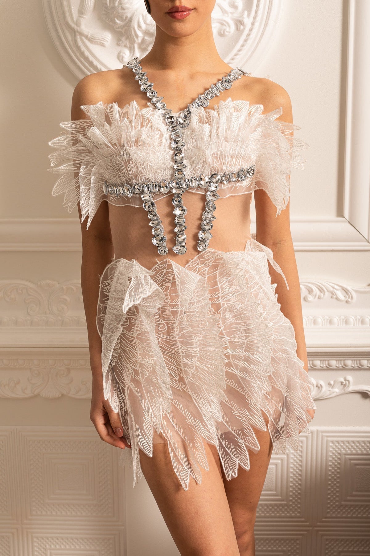 Rhinestone Harness Strap Mesh Feather Wing Panel Mini Dress - View 7