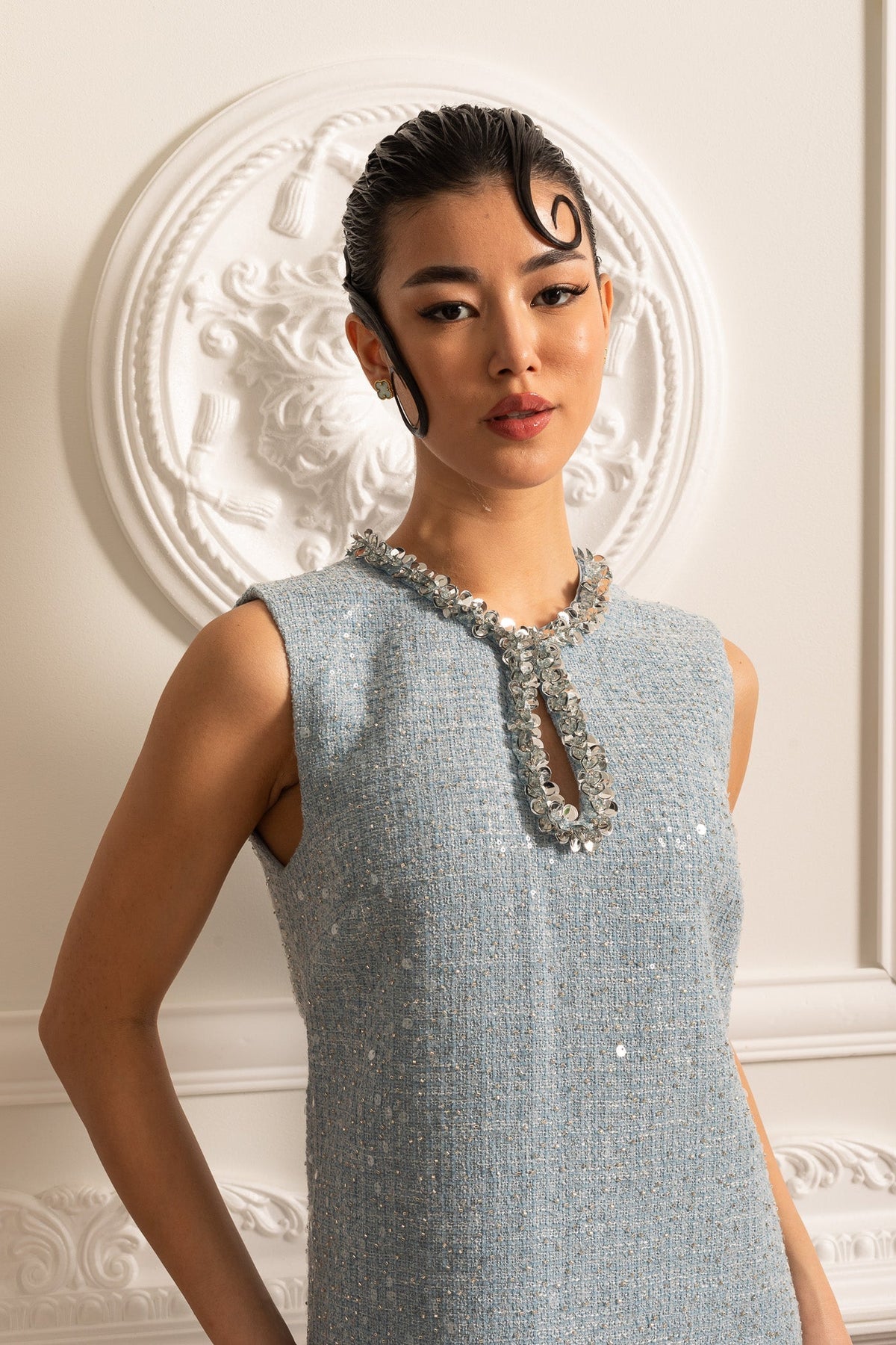 Sequin Tweed Vertical Keyhole Paillette Trim Shift Mini Dress - View 10