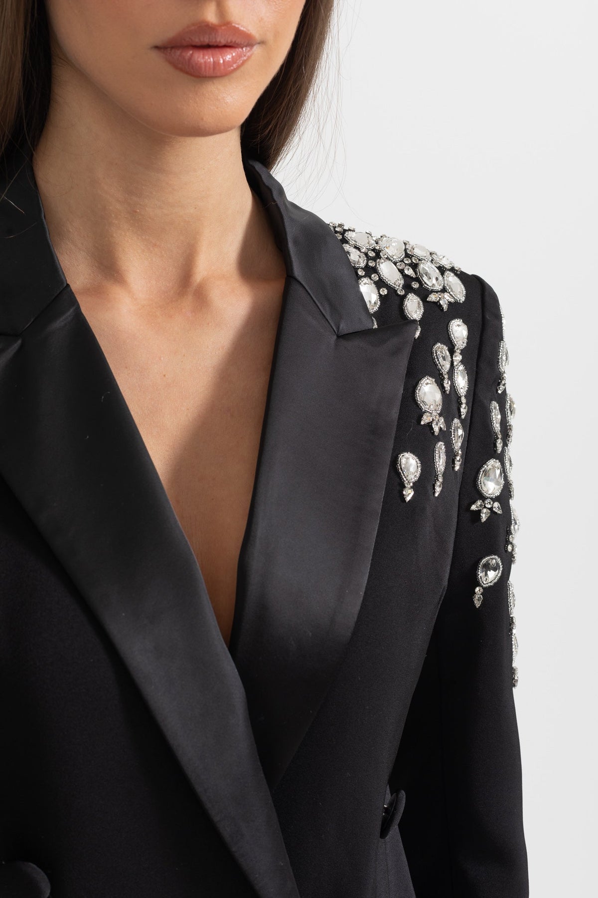 Satin Peak Lapel Rhinestone Shoulder Double Breasted Mini Dress - View 6