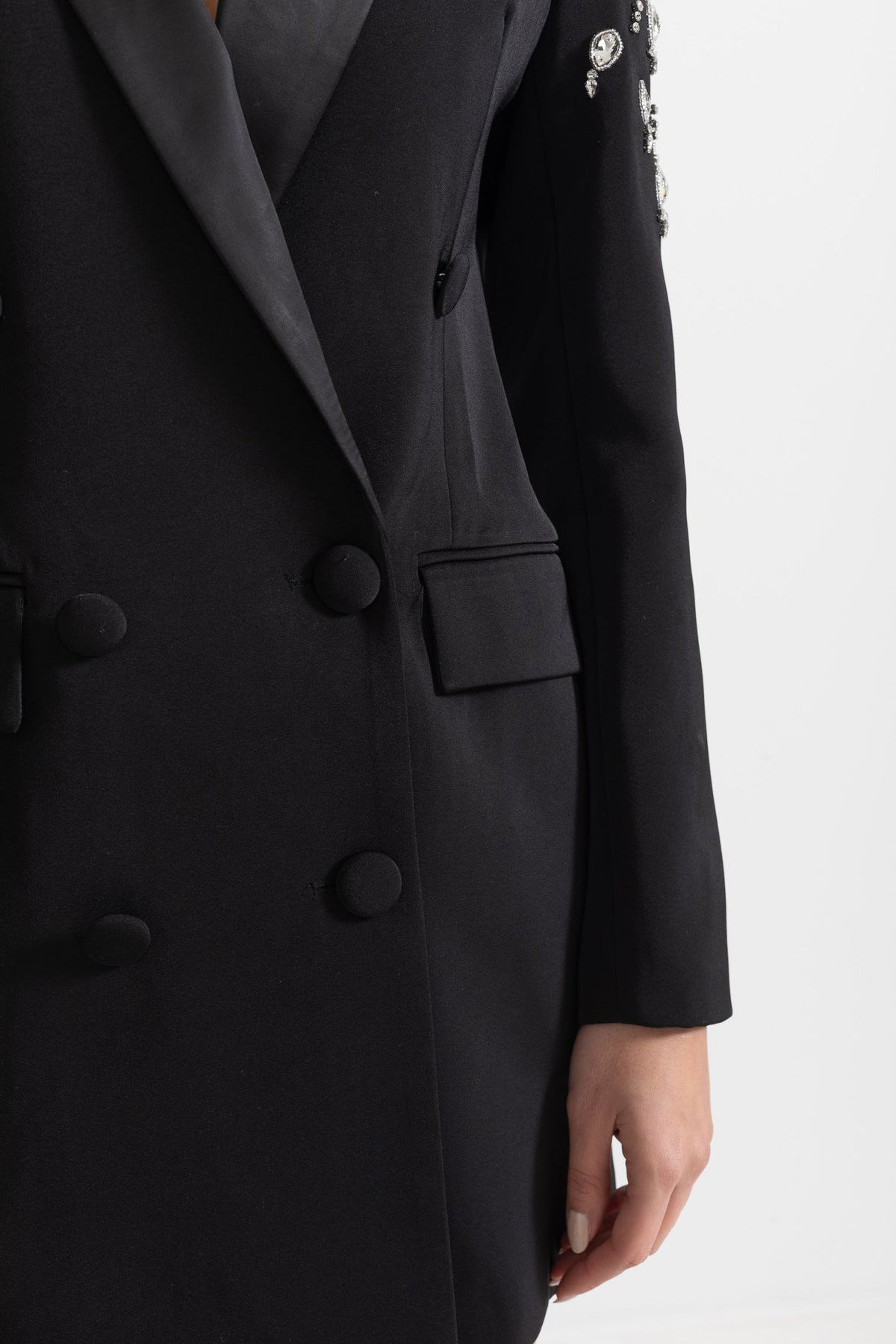Satin Peak Lapel Rhinestone Shoulder Double Breasted Mini Dress - View 7