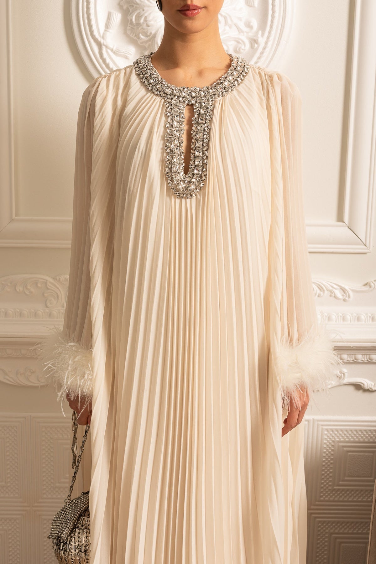 Feather Cuff Pleated Bishop Sleeve Keyhole Rhinestone Maxi Gown - View 6