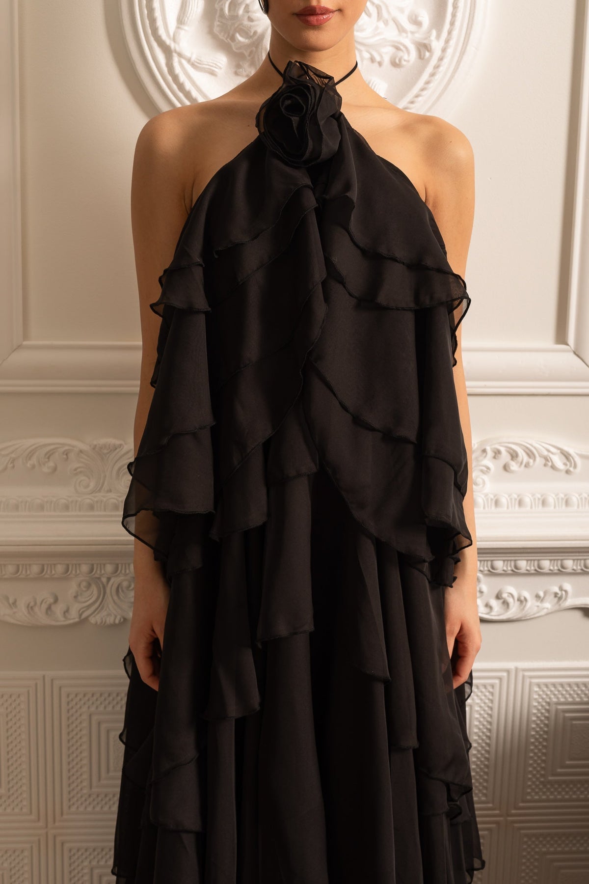 Layered Ruffle Halter Dress With Decorative Neckline Flower - Black - View 5