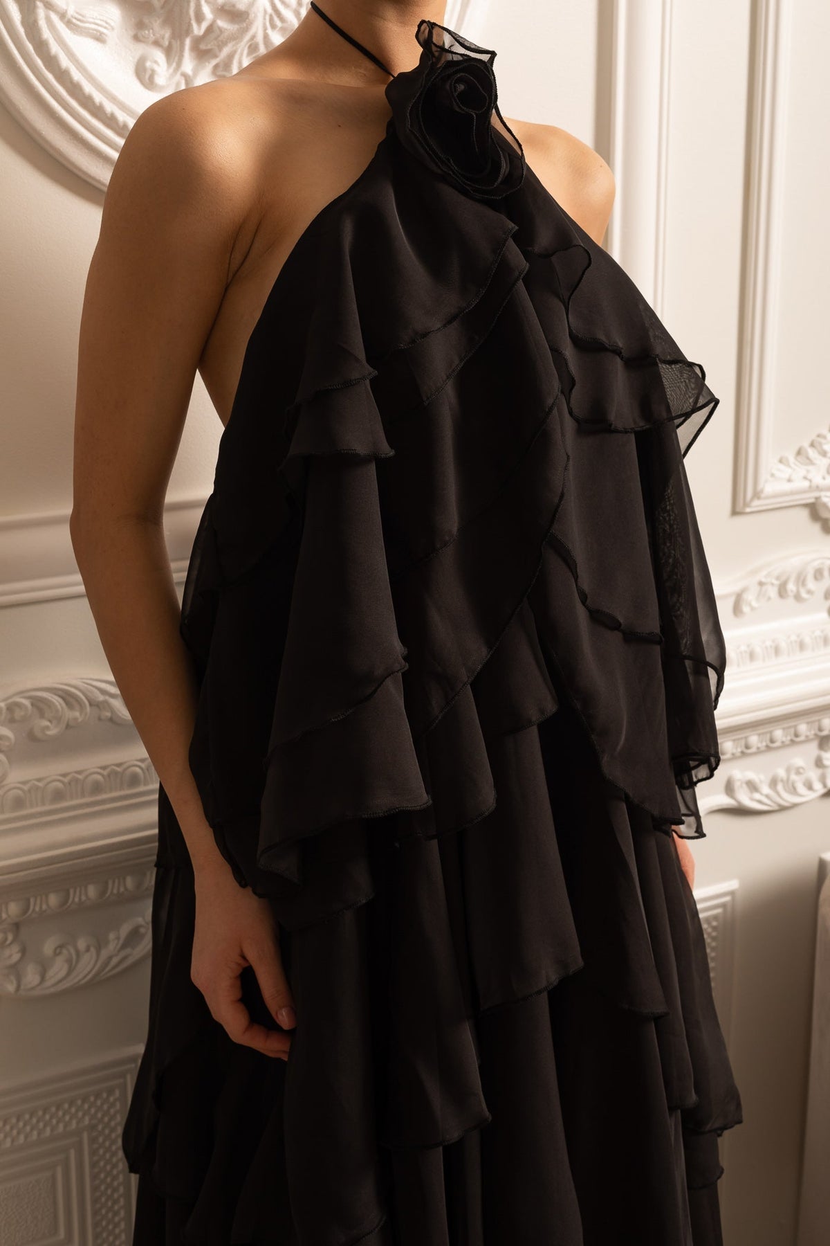Layered Ruffle Halter Dress With Decorative Neckline Flower - Black - View 6