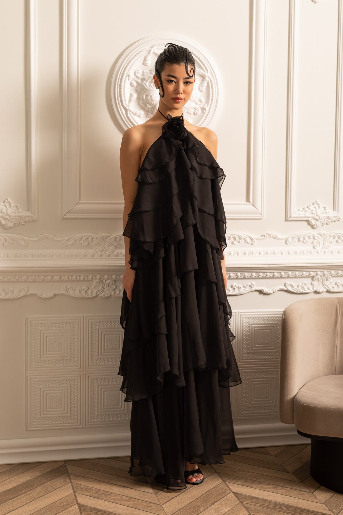 Layered Ruffle Halter Dress With Decorative Neckline Flower - Black - View 3