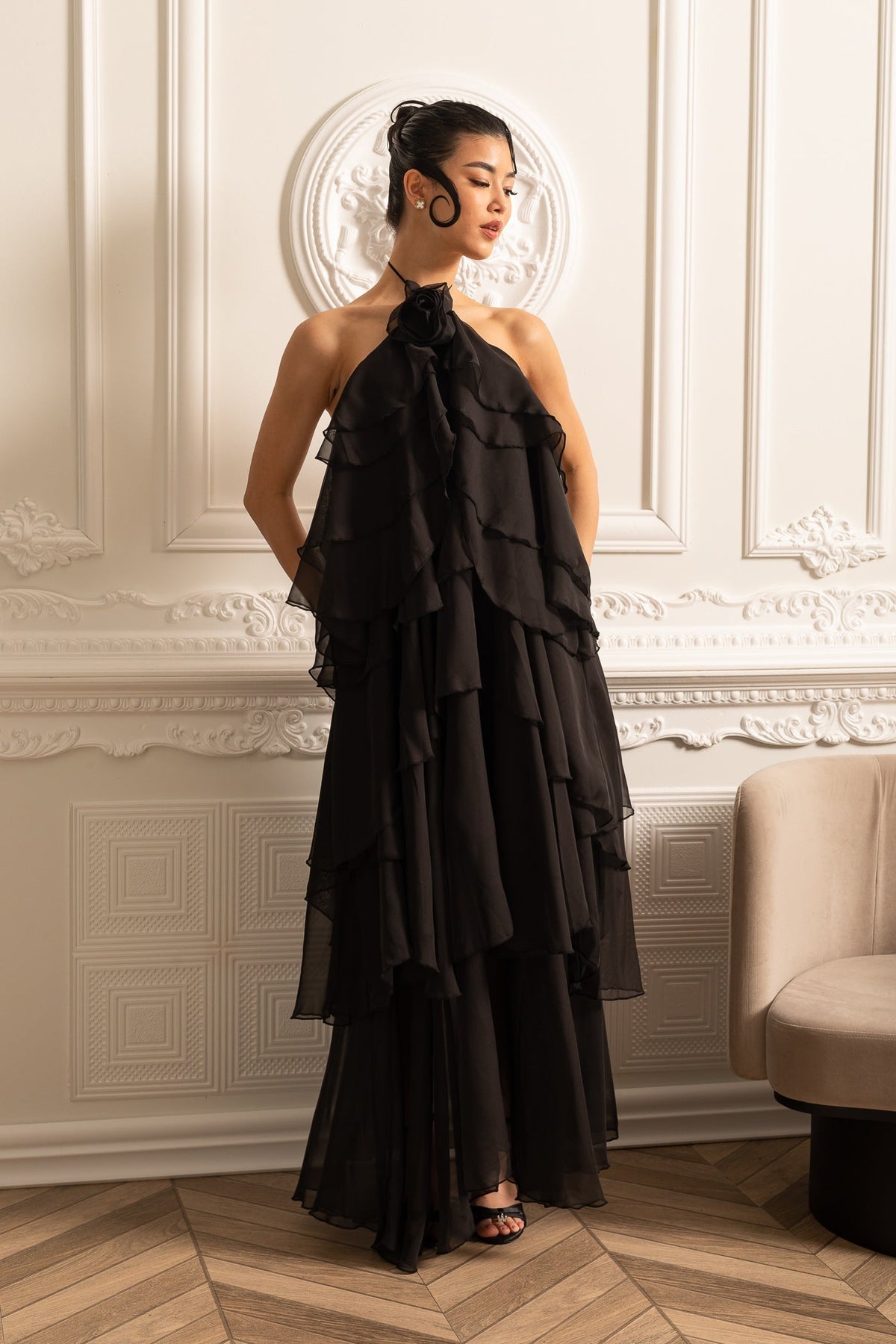 Layered Ruffle Halter Dress With Decorative Neckline Flower - Black - View 9