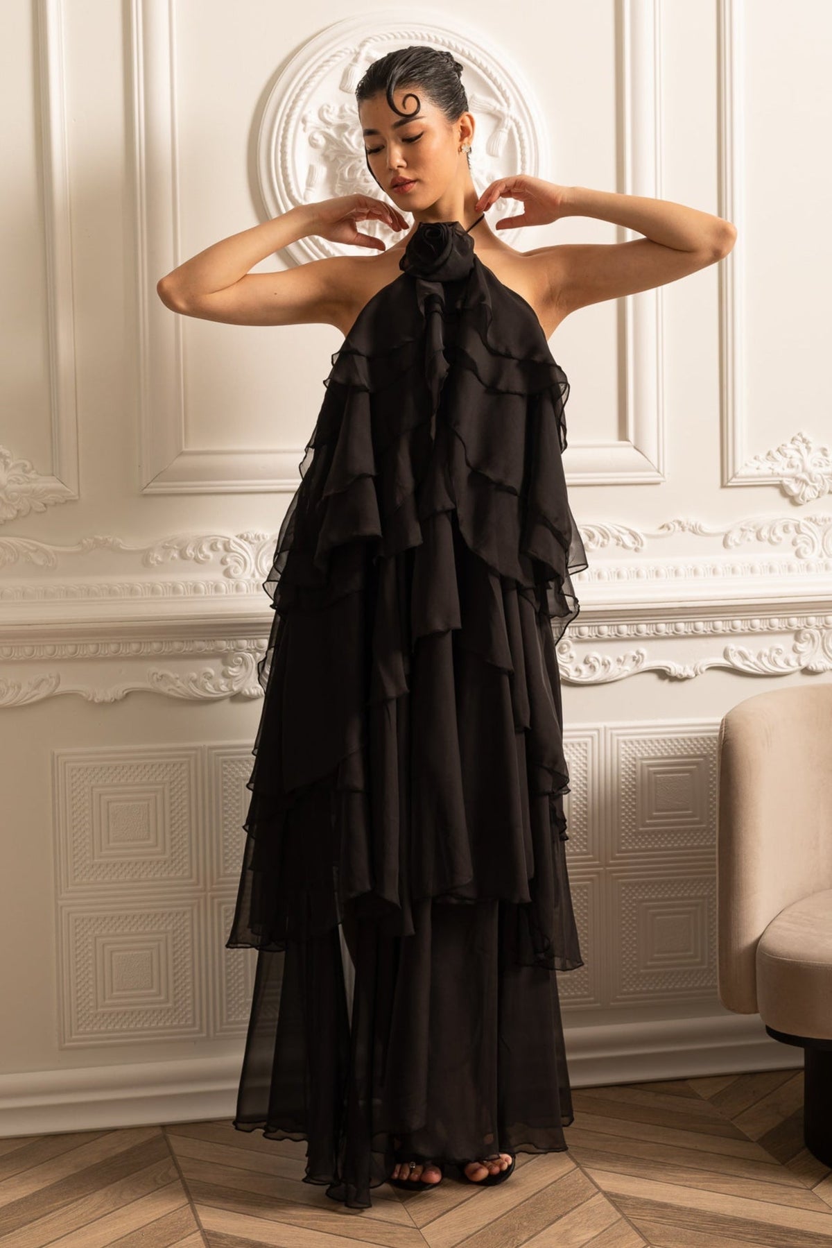 Layered Ruffle Halter Dress With Decorative Neckline Flower - Black - View 2