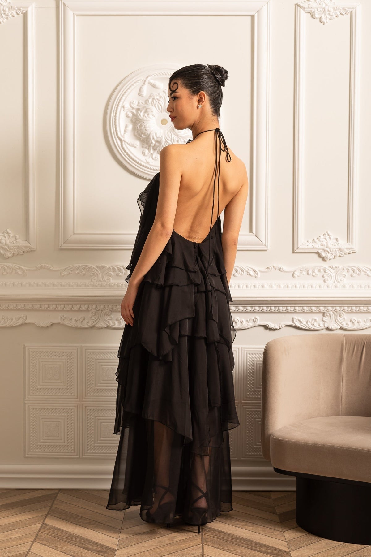 Layered Ruffle Halter Dress With Decorative Neckline Flower - Black - View 14