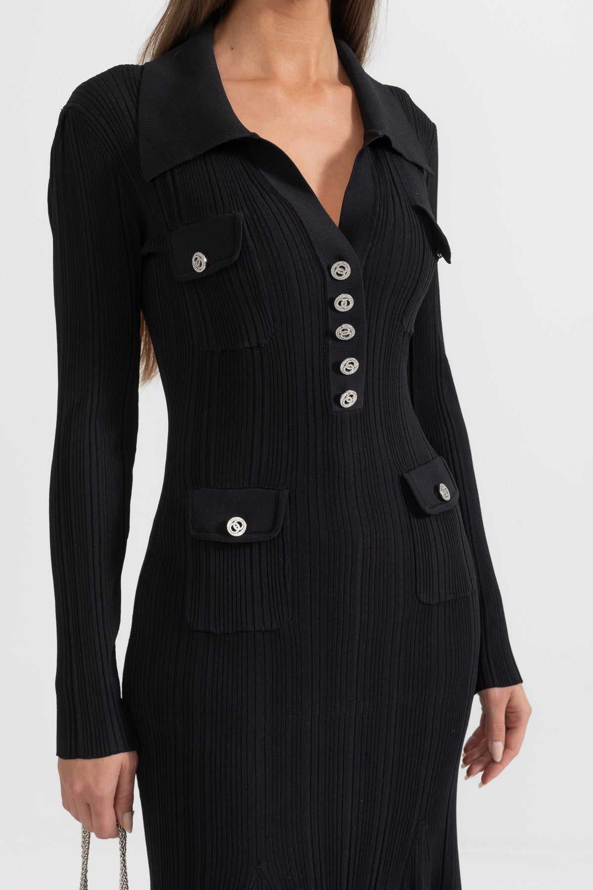 Ribbed Knit Polo Collar V-Neck Jewel Button Flap Pocket Mermaid Hem Midi Dress - View 4