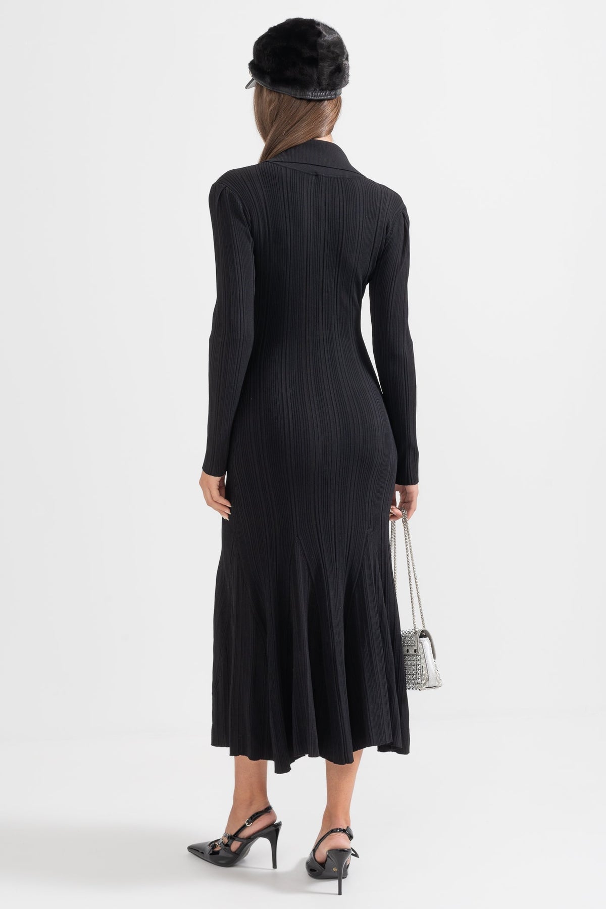 Ribbed Knit Polo Collar V-Neck Jewel Button Flap Pocket Mermaid Hem Midi Dress - View 3