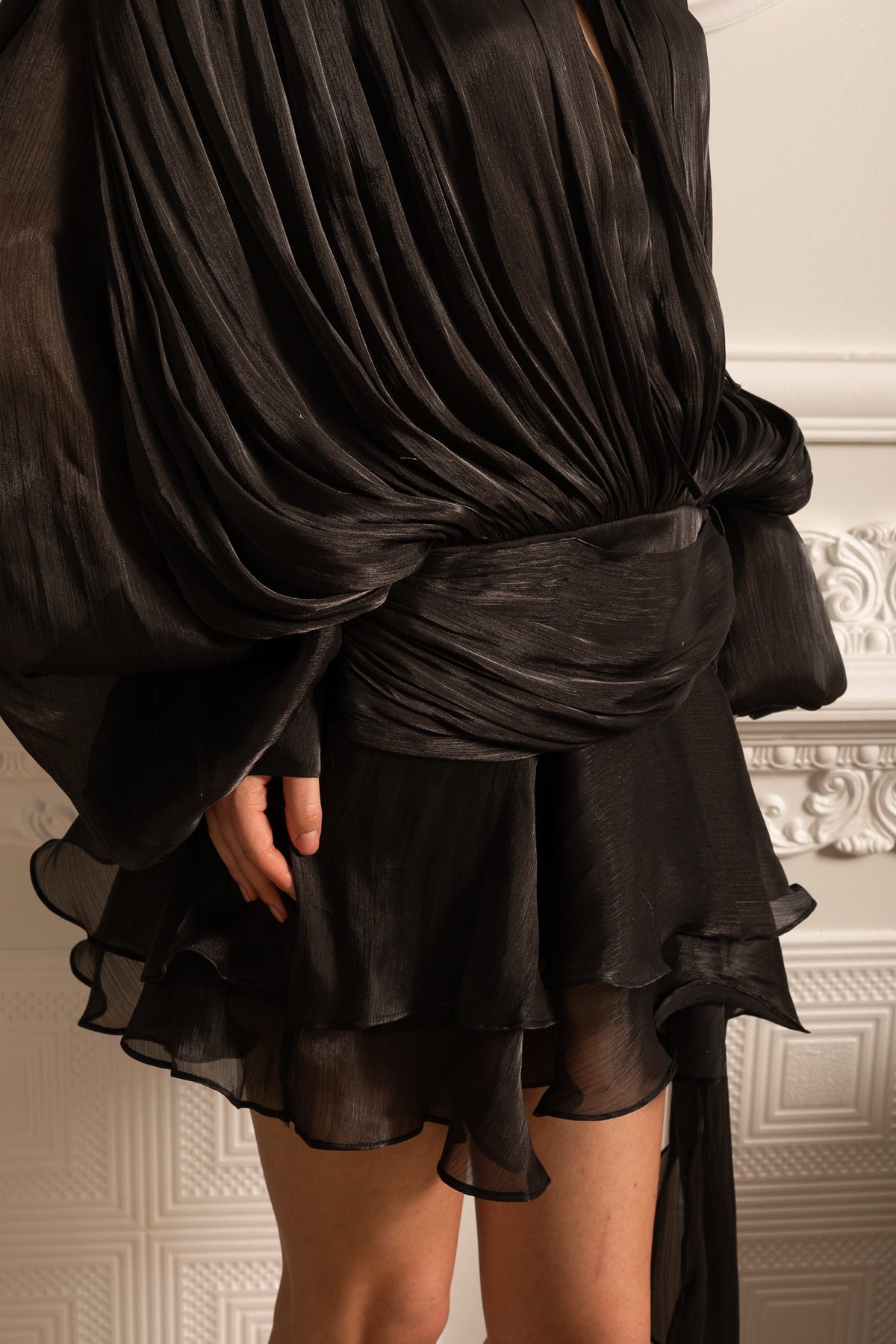 Draped Long-Sleeved Dress with Mini Skirt And Ruched Waistband - Black - View 5