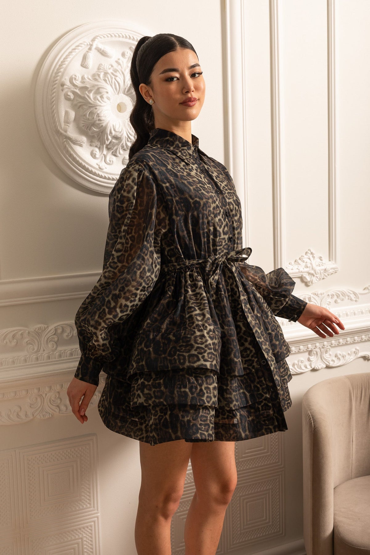 Animal Print Collar Button Front Puff Sleeve Tie Waist Mini Dress - View 4