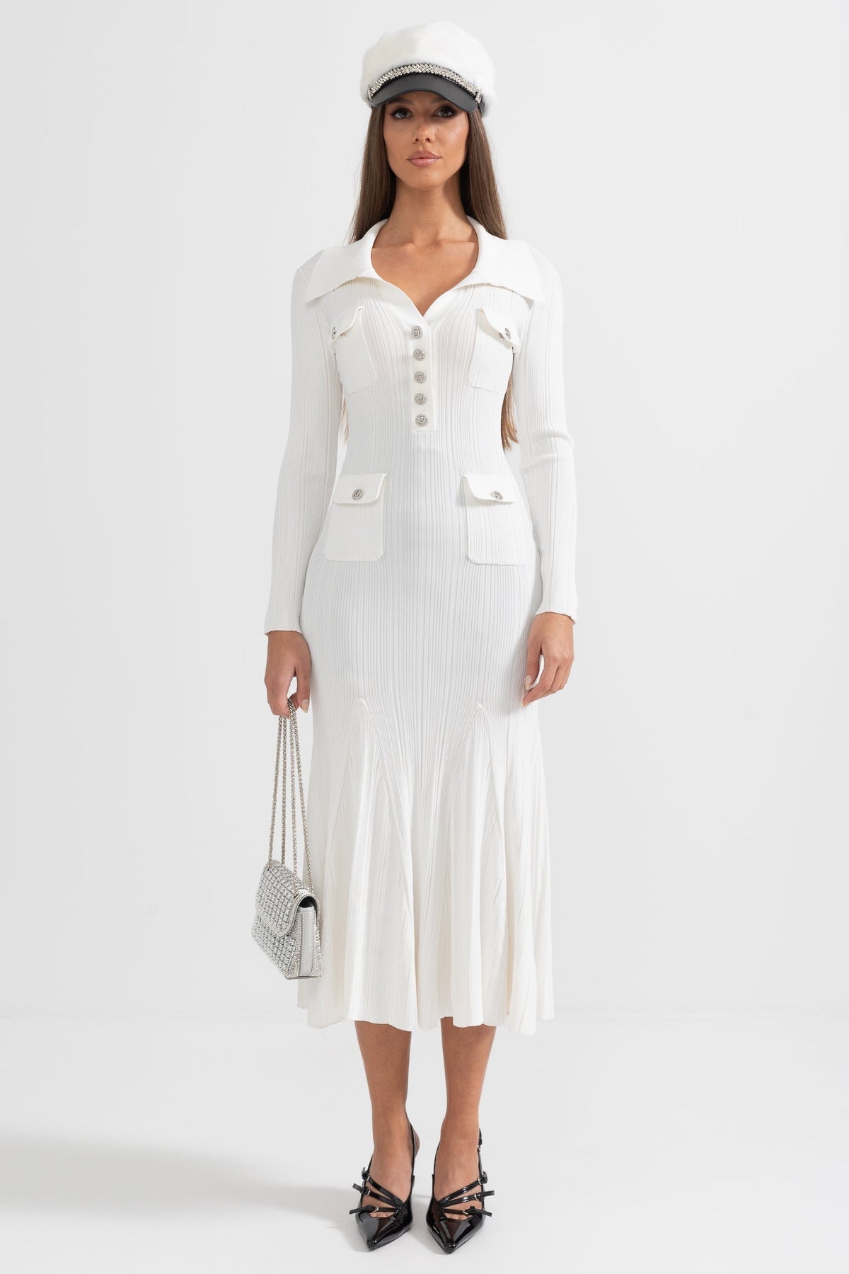 Ribbed Knit Polo Collar V-Neck Jewel Button Flap Midi Dress