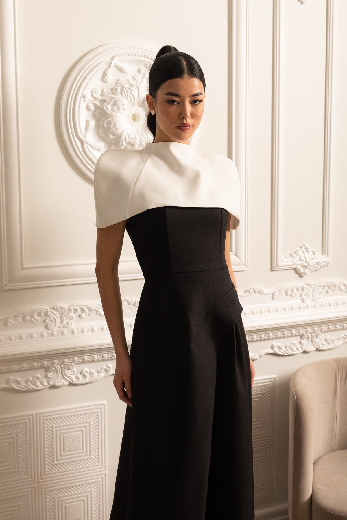 Structured Capelet Overlay Asymmetrical Wrap Drape Midi Dress - View 13