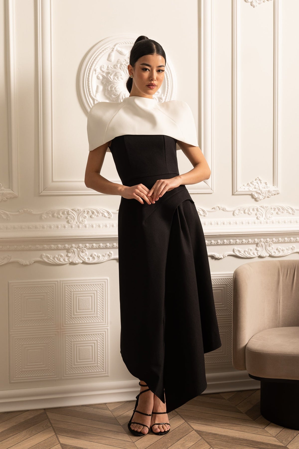 Structured Capelet Overlay Asymmetrical Wrap Drape Midi Dress - View 4