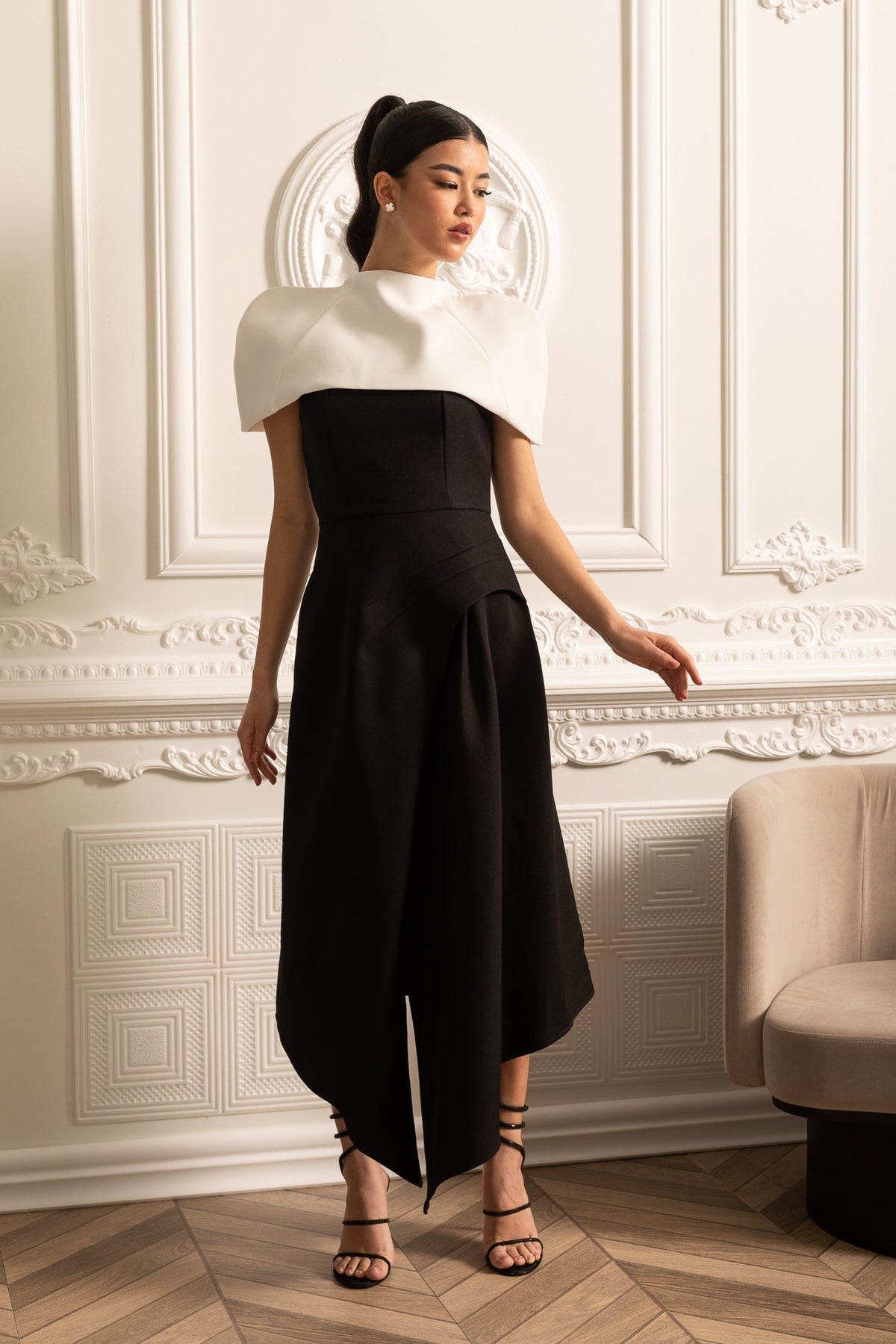 Structured Capelet Overlay Asymmetrical Wrap Drape Midi Dress - View 10