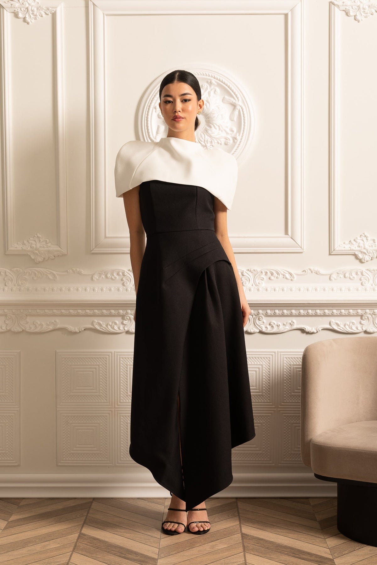Structured Capelet Overlay Asymmetrical Wrap Drape Midi Dress - View 14