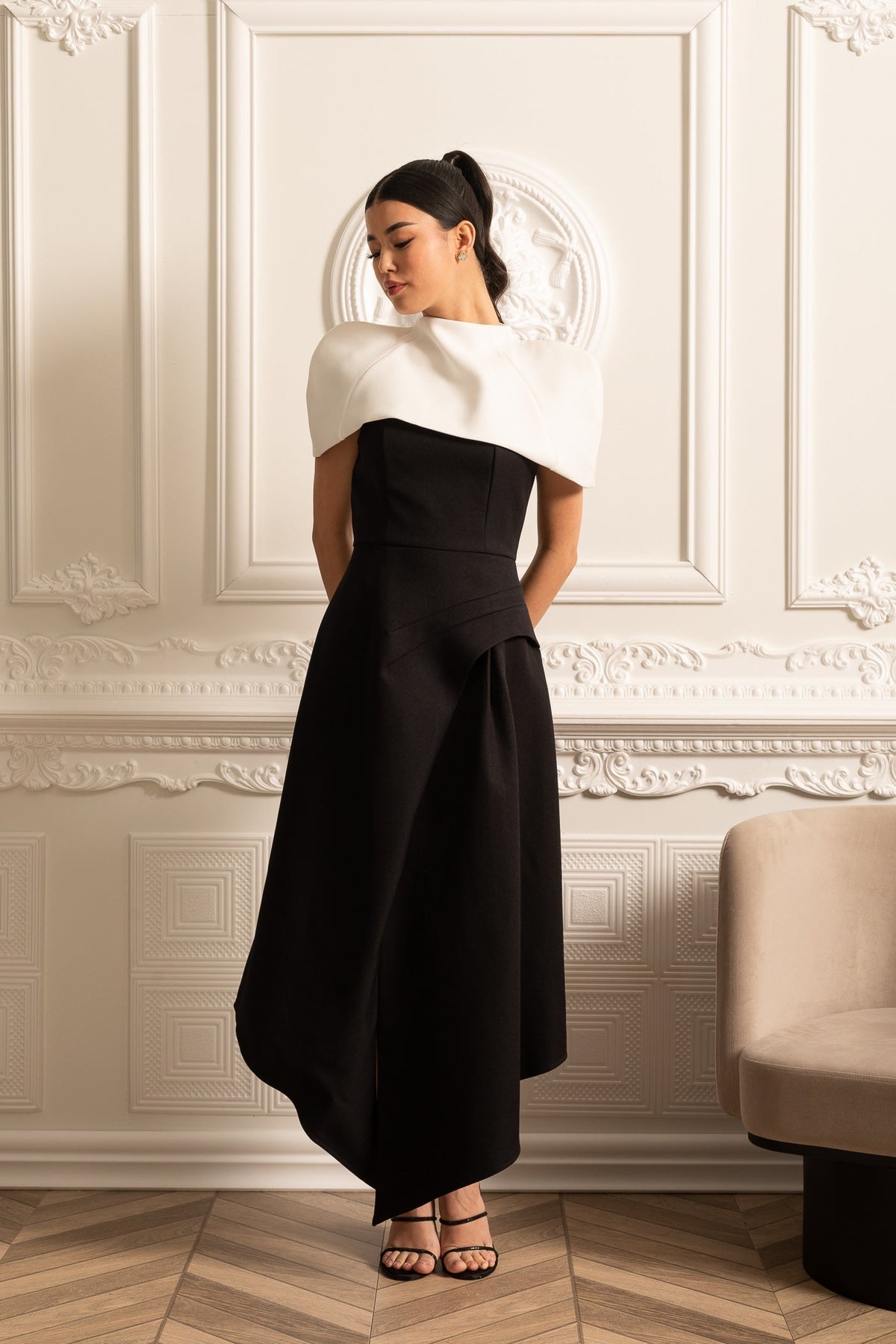 Structured Capelet Overlay Asymmetrical Wrap Drape Midi Dress - View 15