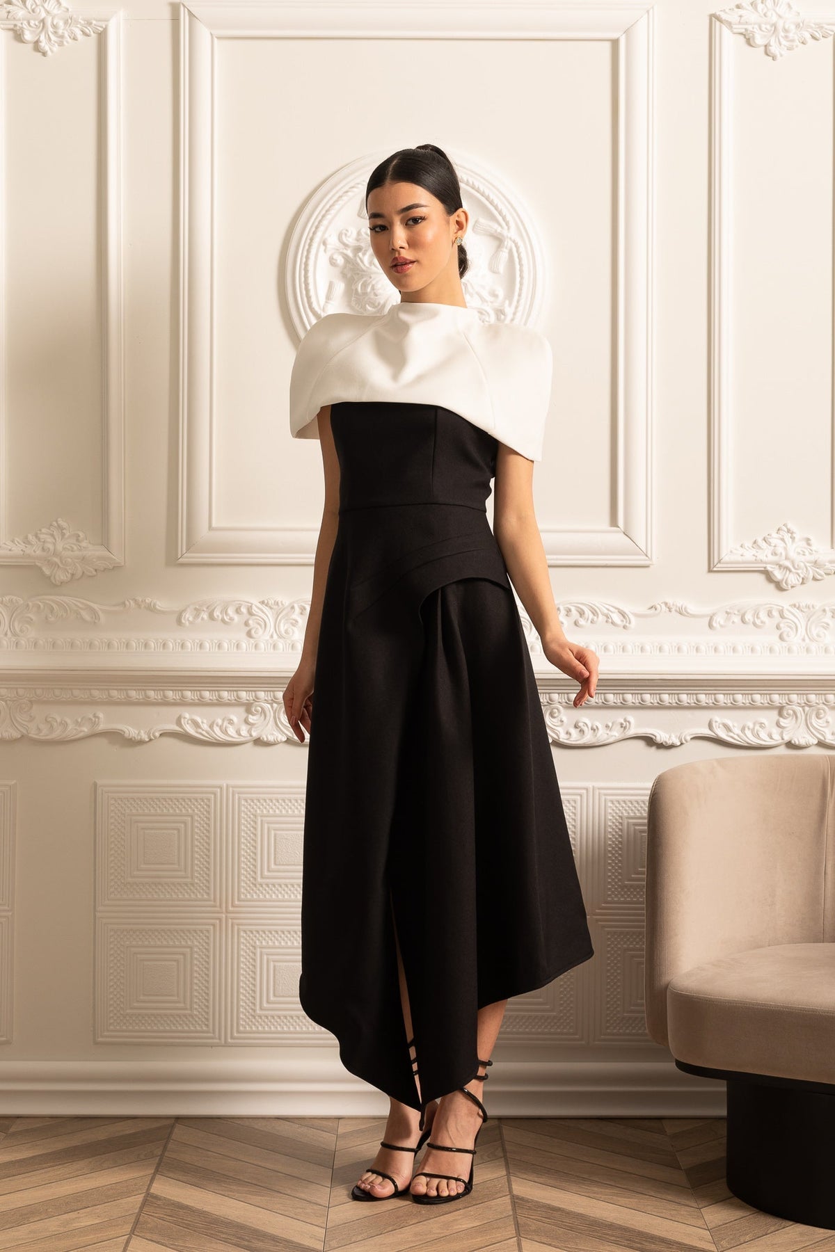 Structured Capelet Overlay Asymmetrical Wrap Drape Midi Dress - View 16
