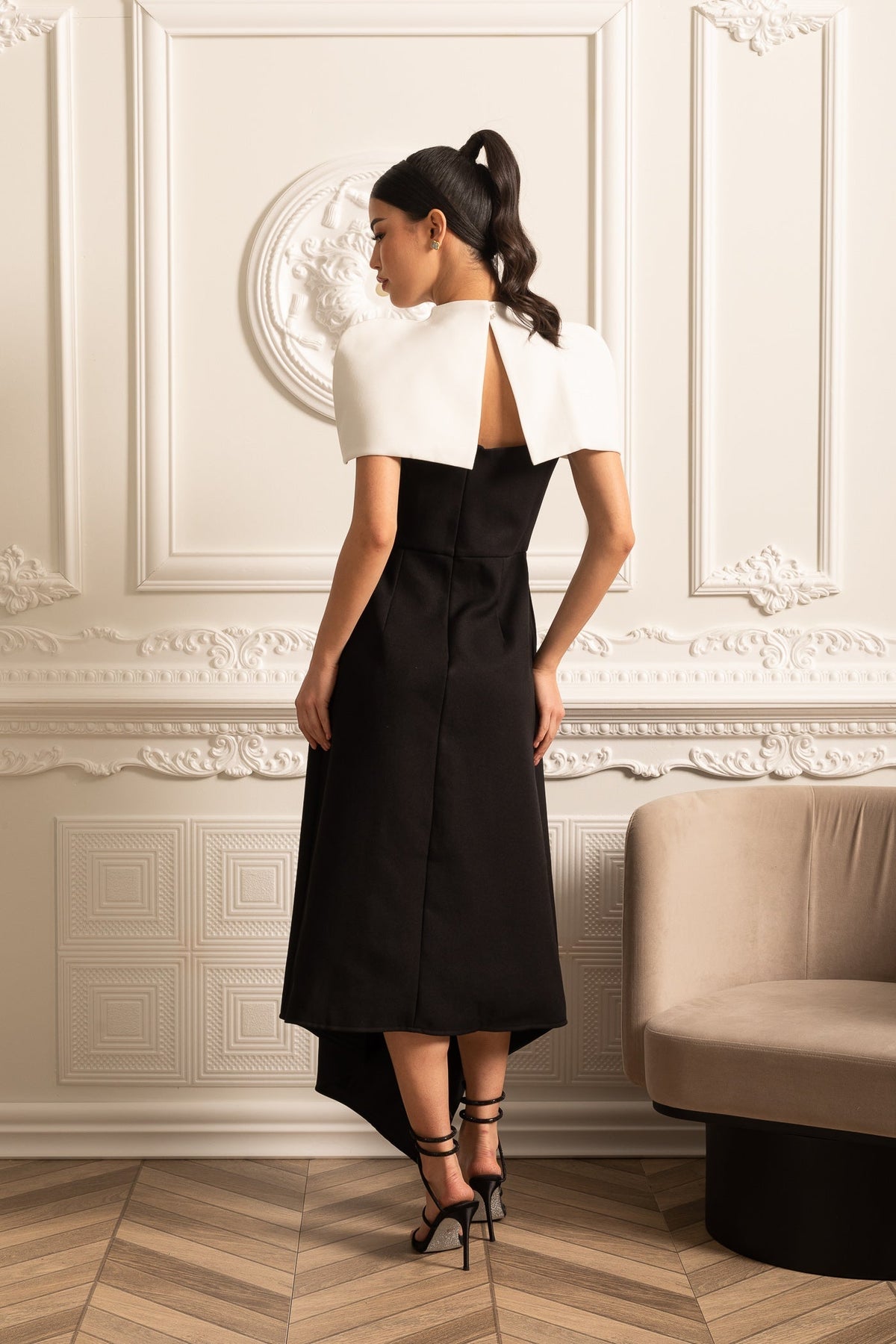 Structured Capelet Overlay Asymmetrical Wrap Drape Midi Dress - View 8