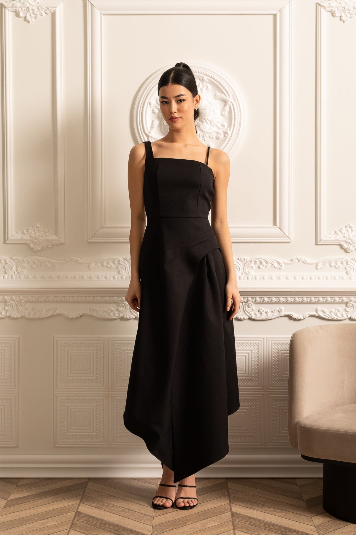 Structured Capelet Overlay Asymmetrical Wrap Drape Midi Dress - View 19