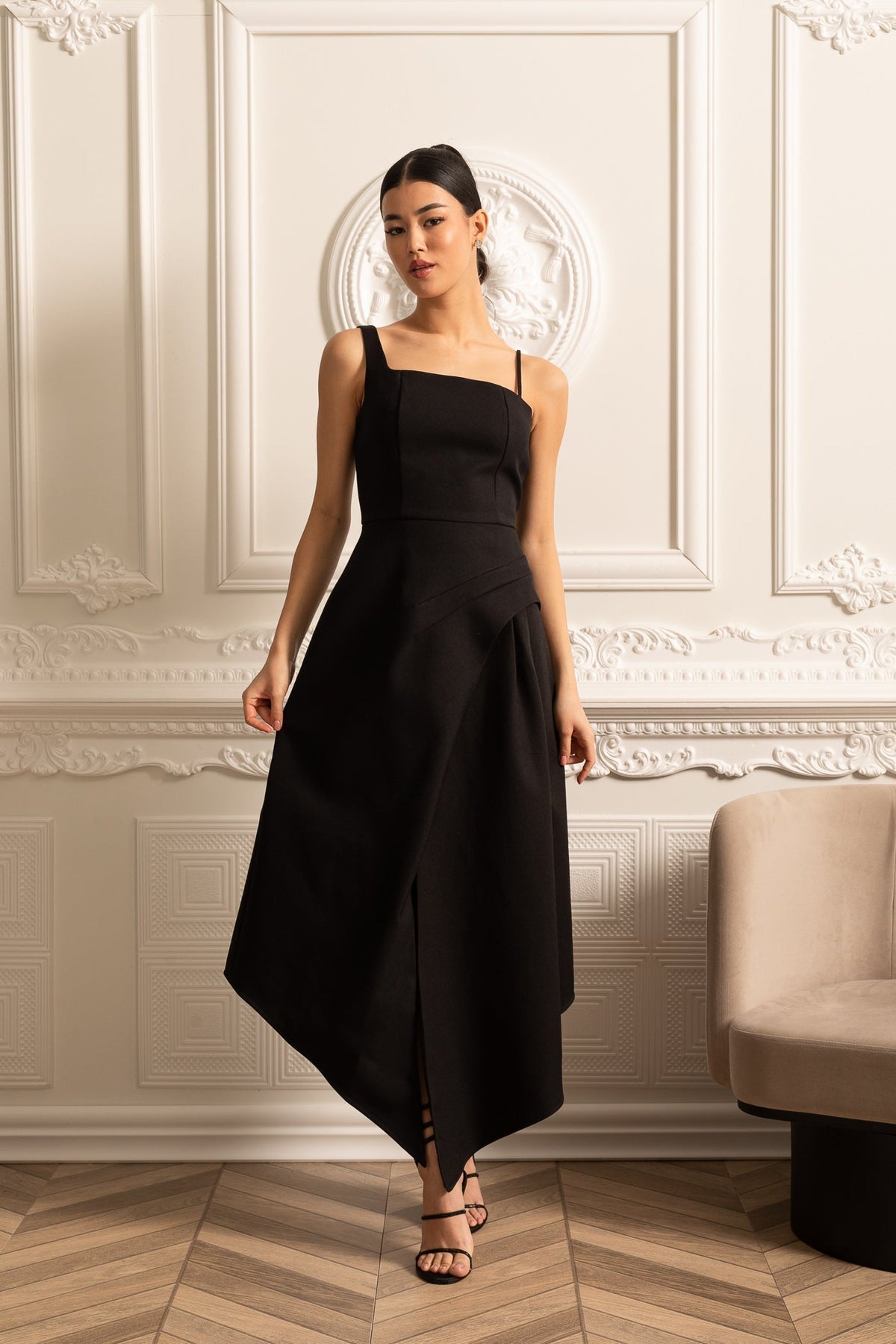Structured Capelet Overlay Asymmetrical Wrap Drape Midi Dress - View 5