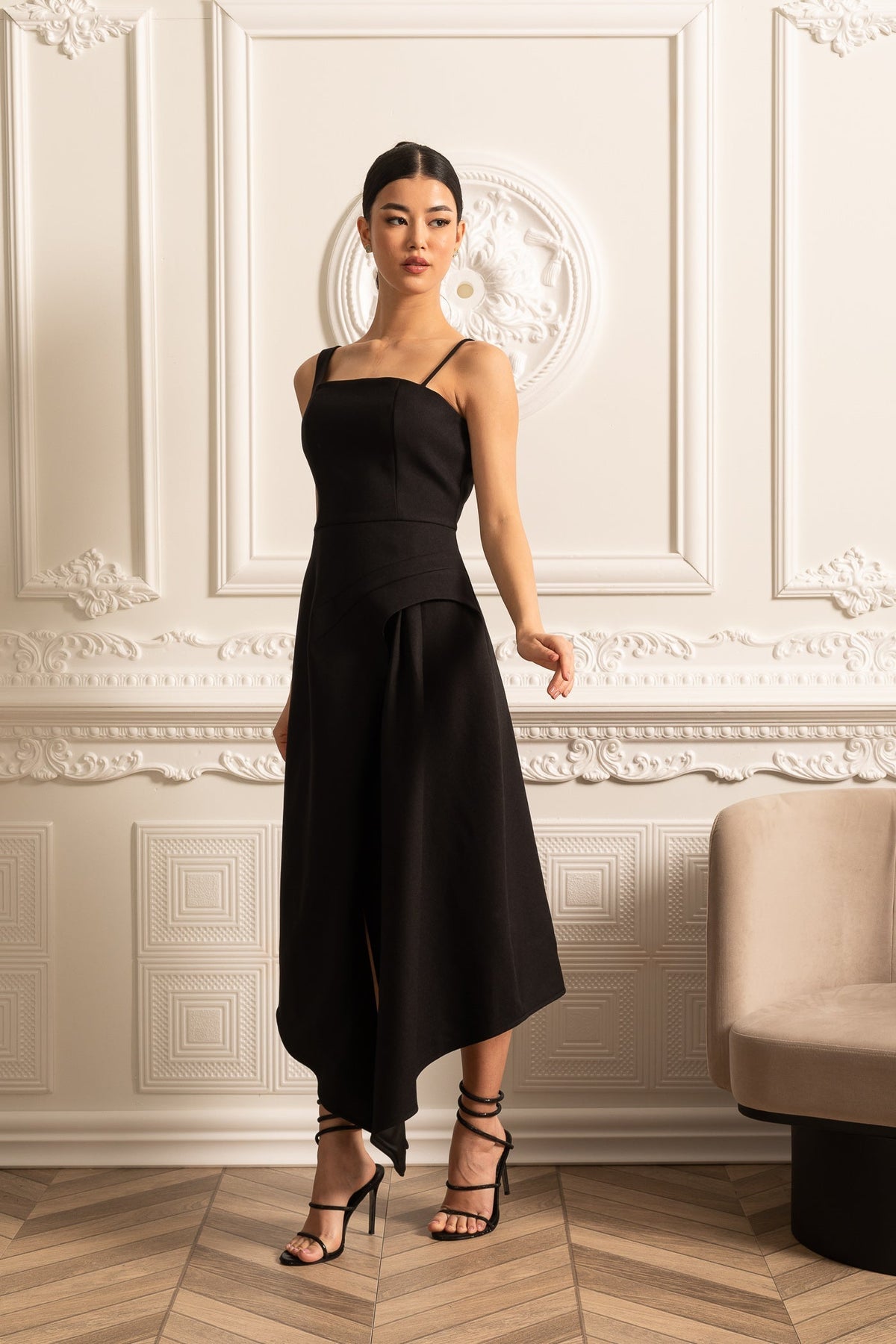 Structured Capelet Overlay Asymmetrical Wrap Drape Midi Dress - View 20
