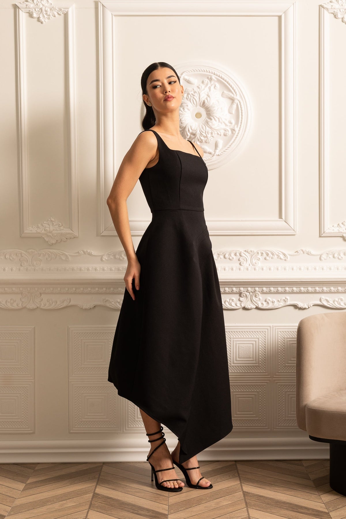 Structured Capelet Overlay Asymmetrical Wrap Drape Midi Dress - View 6
