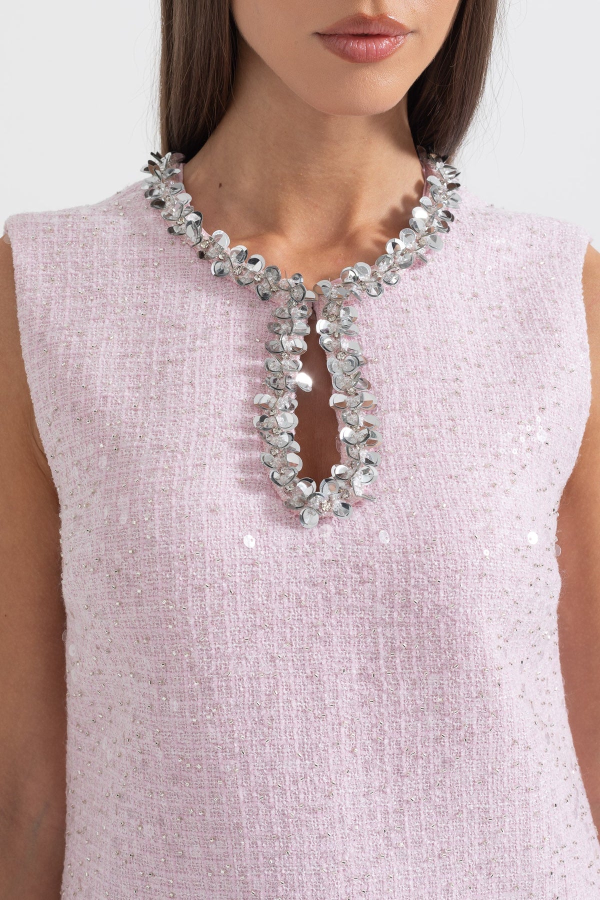 Rhinestone Keyhole Neck Sequin Tweed Sleeveless Shift Mini Dress - View 4