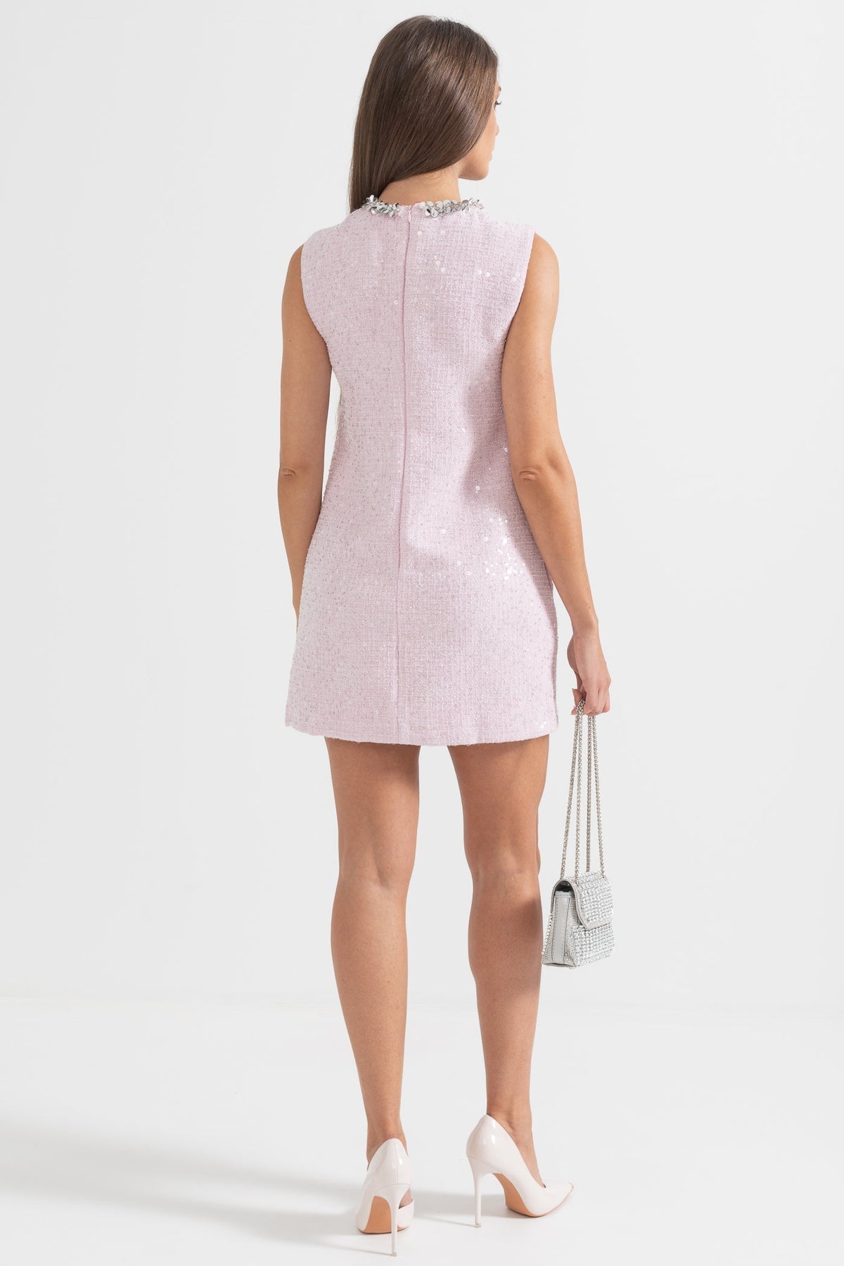 Rhinestone Keyhole Neck Sequin Tweed Sleeveless Shift Mini Dress - View 8