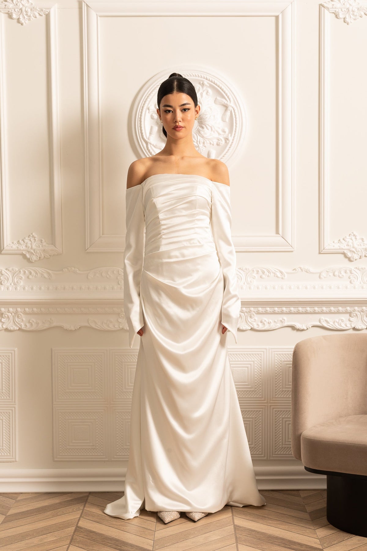 Off-Shoulder Satin Dress With Ruched Design And Draping Skirt - White - View 7