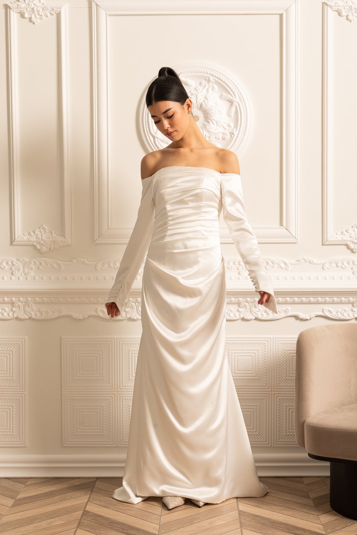 Off-Shoulder Satin Dress With Ruched Design And Draping Skirt - White - View 6