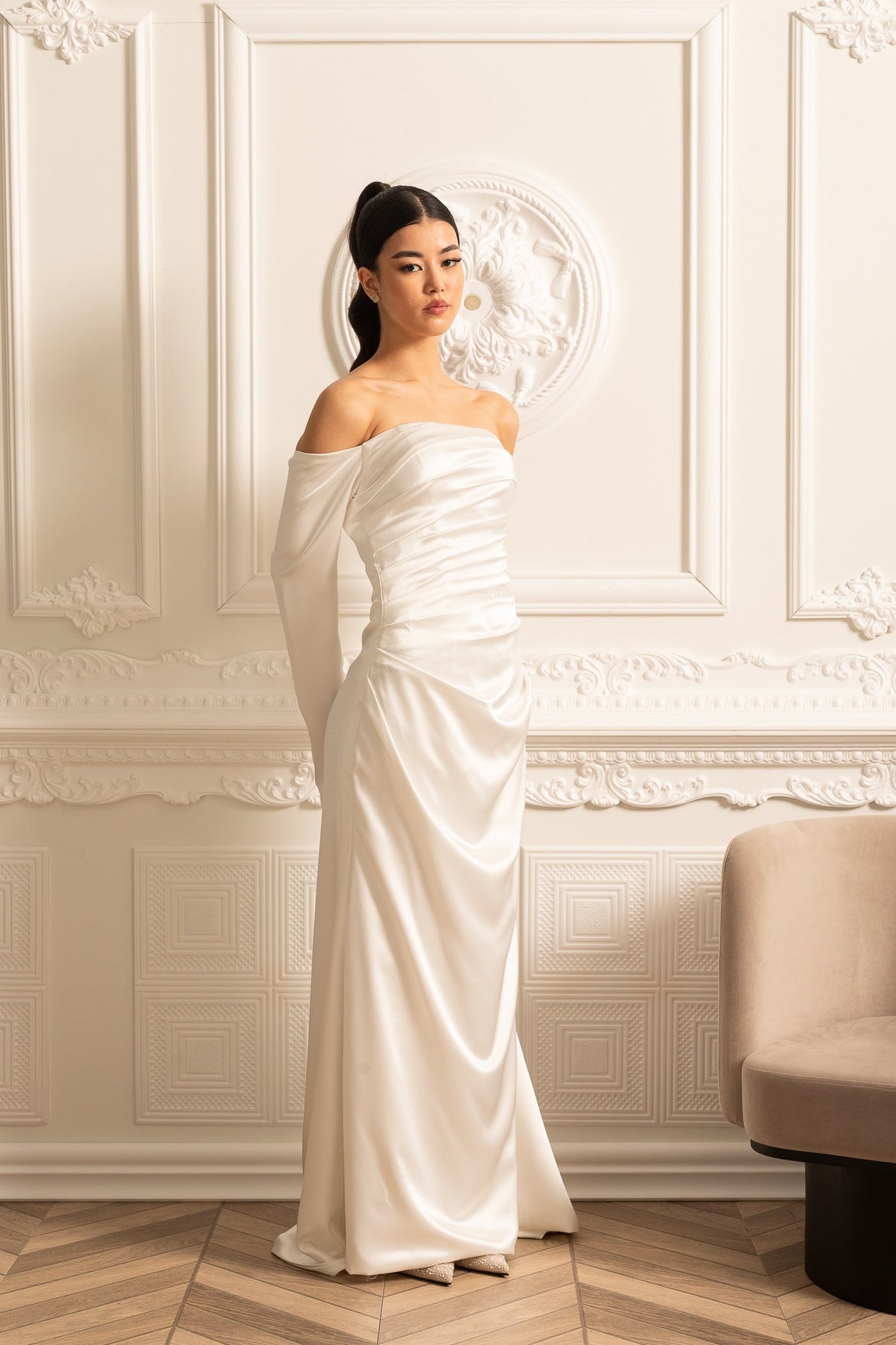 Off-Shoulder Satin Dress With Ruched Design And Draping Skirt - White - View 14