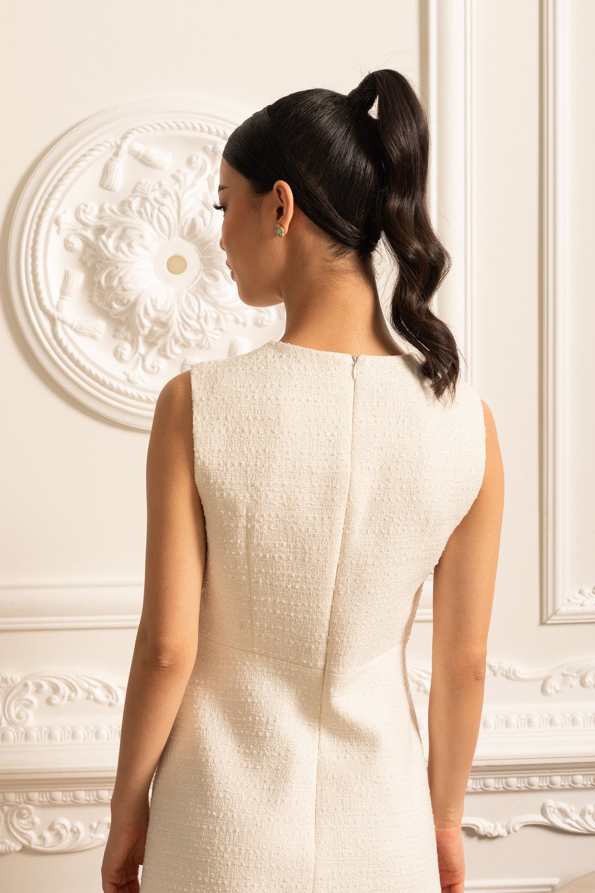 V-Neck Rhinestone Button Four Flap Pocket Boucle Mini Dress - View 14