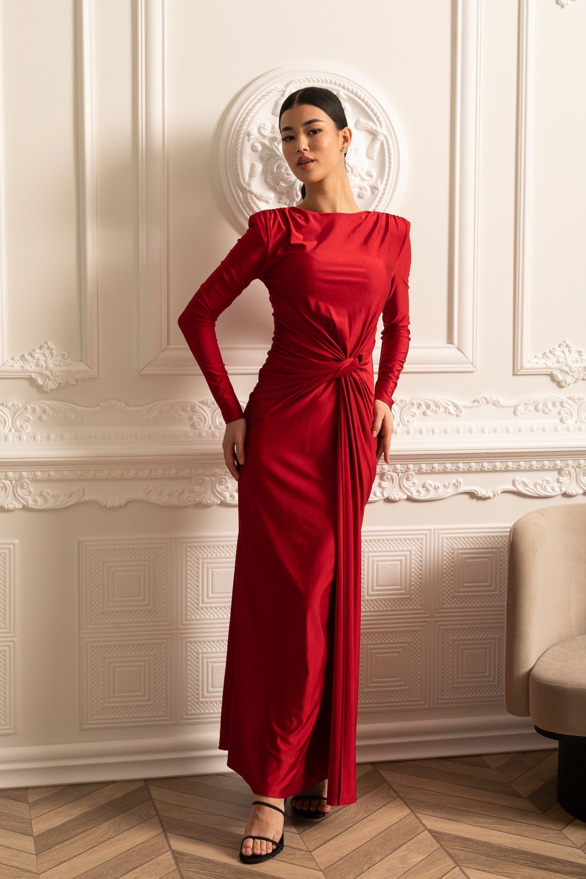Satin Long Sleeve Twisted Waist Draped Maxi Dress - View 6