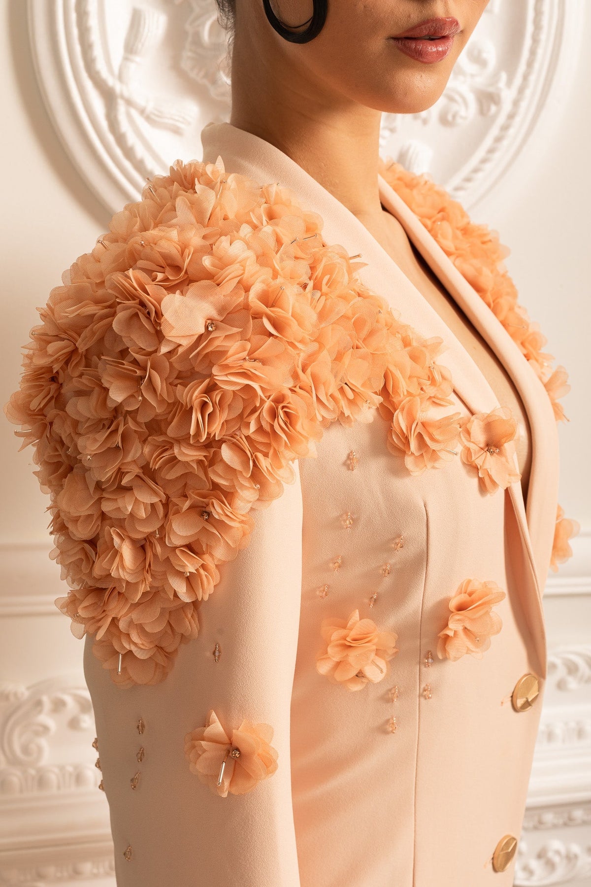 3D Floral Shoulder Notched Lapel Metallic Button Blazer Gown - View 7