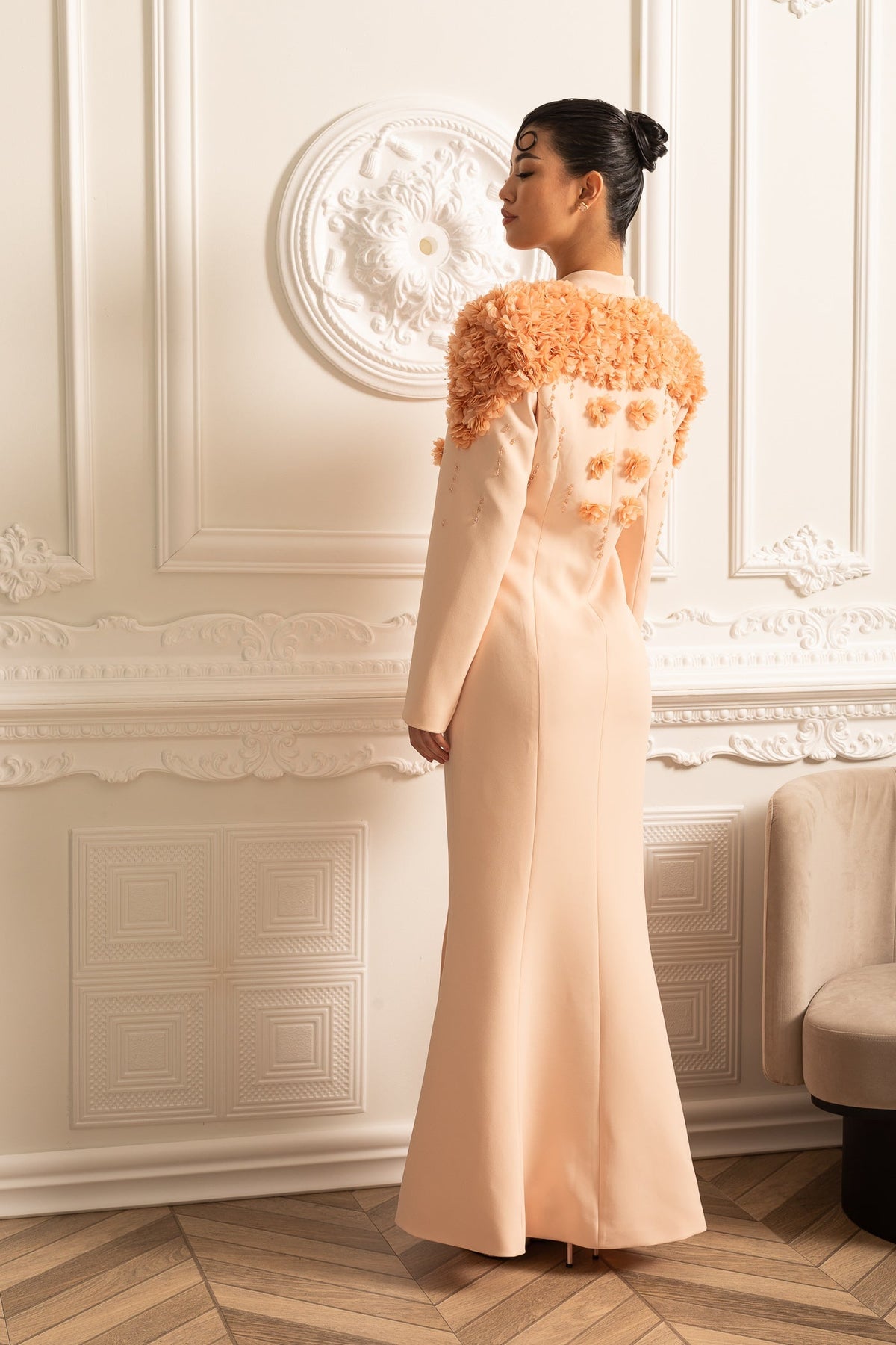 3D Floral Shoulder Notched Lapel Metallic Button Blazer Gown - View 6
