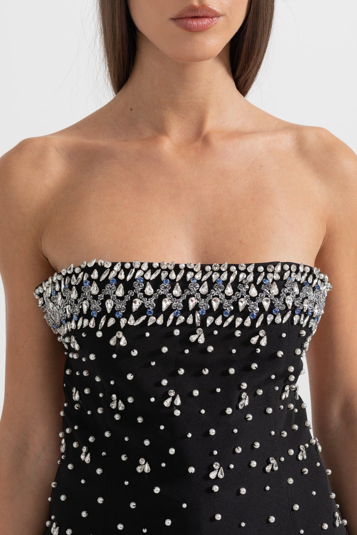 Strapless Crystal Rhinestone Trim Pearl Scatter Embellished Mini Dress - View 3
