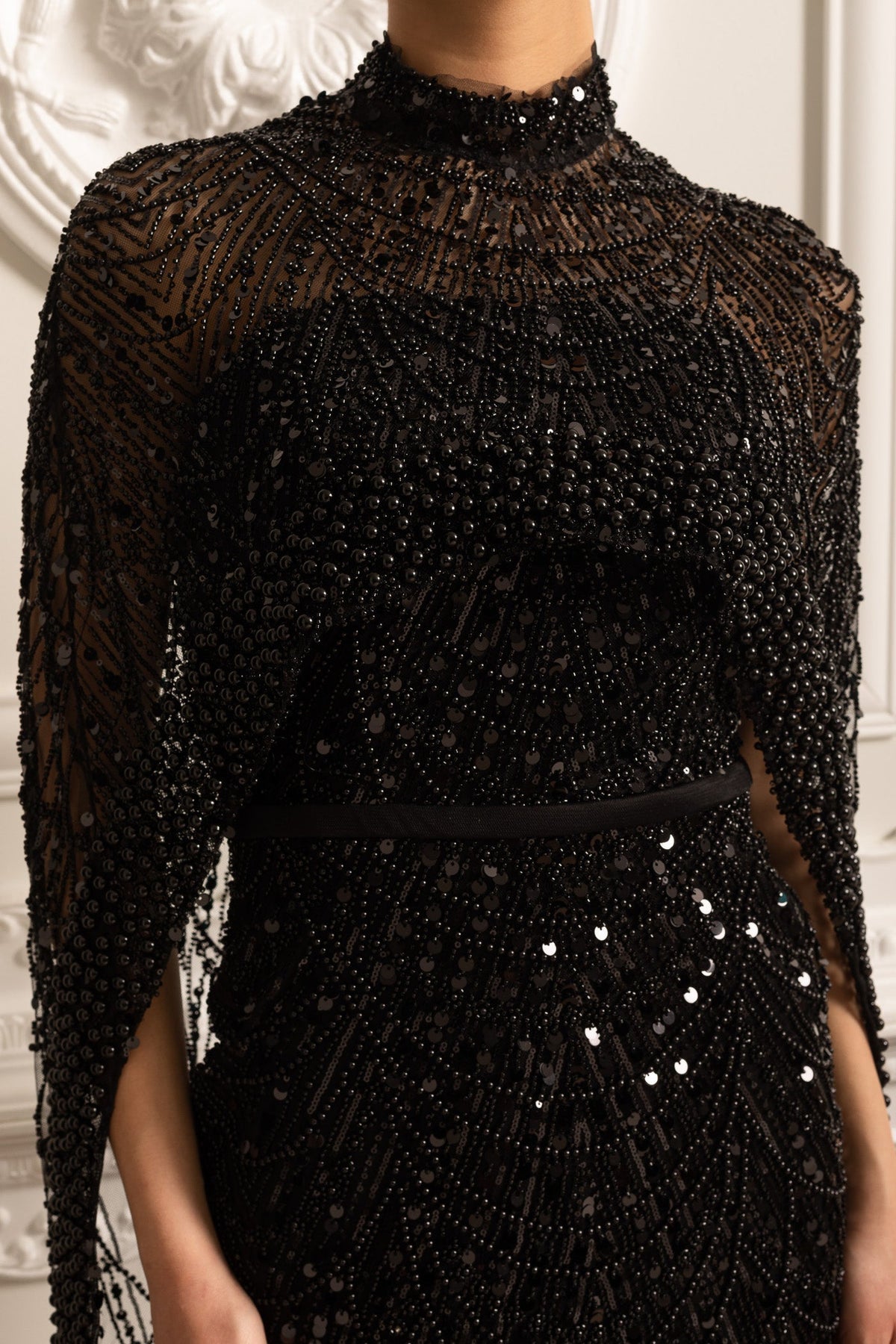 Mock Neck Beaded Pearl Mesh Cape Overlay Column Maxi Gown - View 9