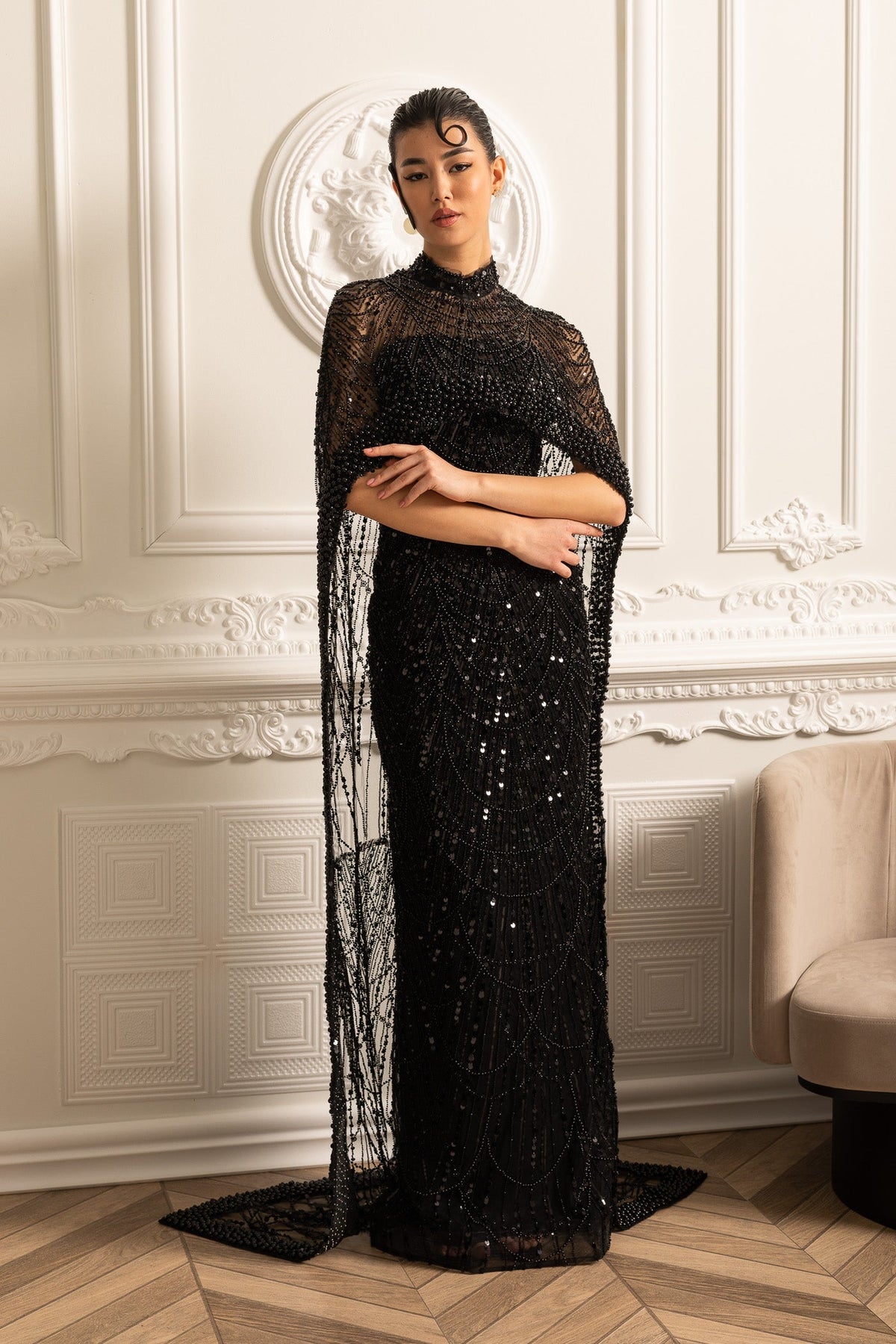 Mock Neck Beaded Pearl Mesh Cape Overlay Column Maxi Gown - View 3
