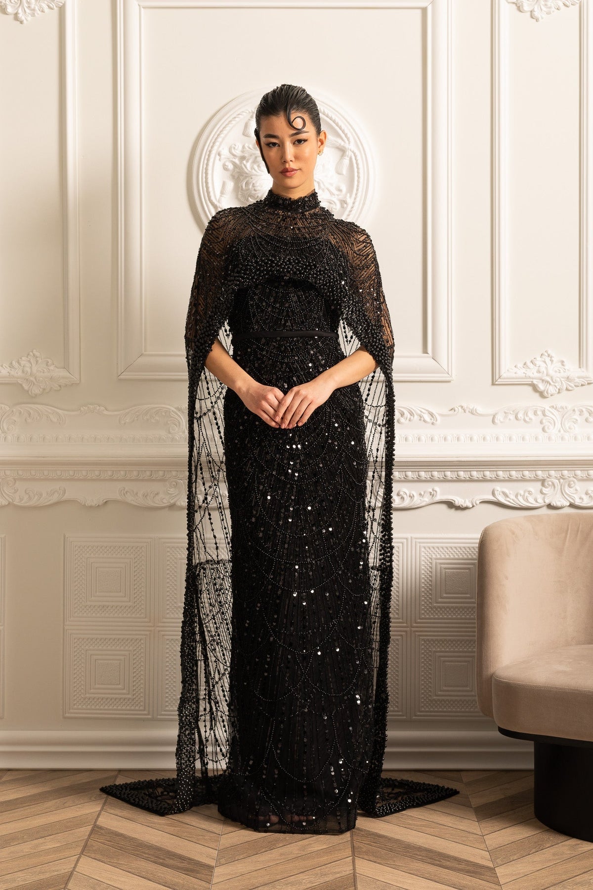 Mock Neck Beaded Pearl Mesh Cape Overlay Column Maxi Gown - View 12
