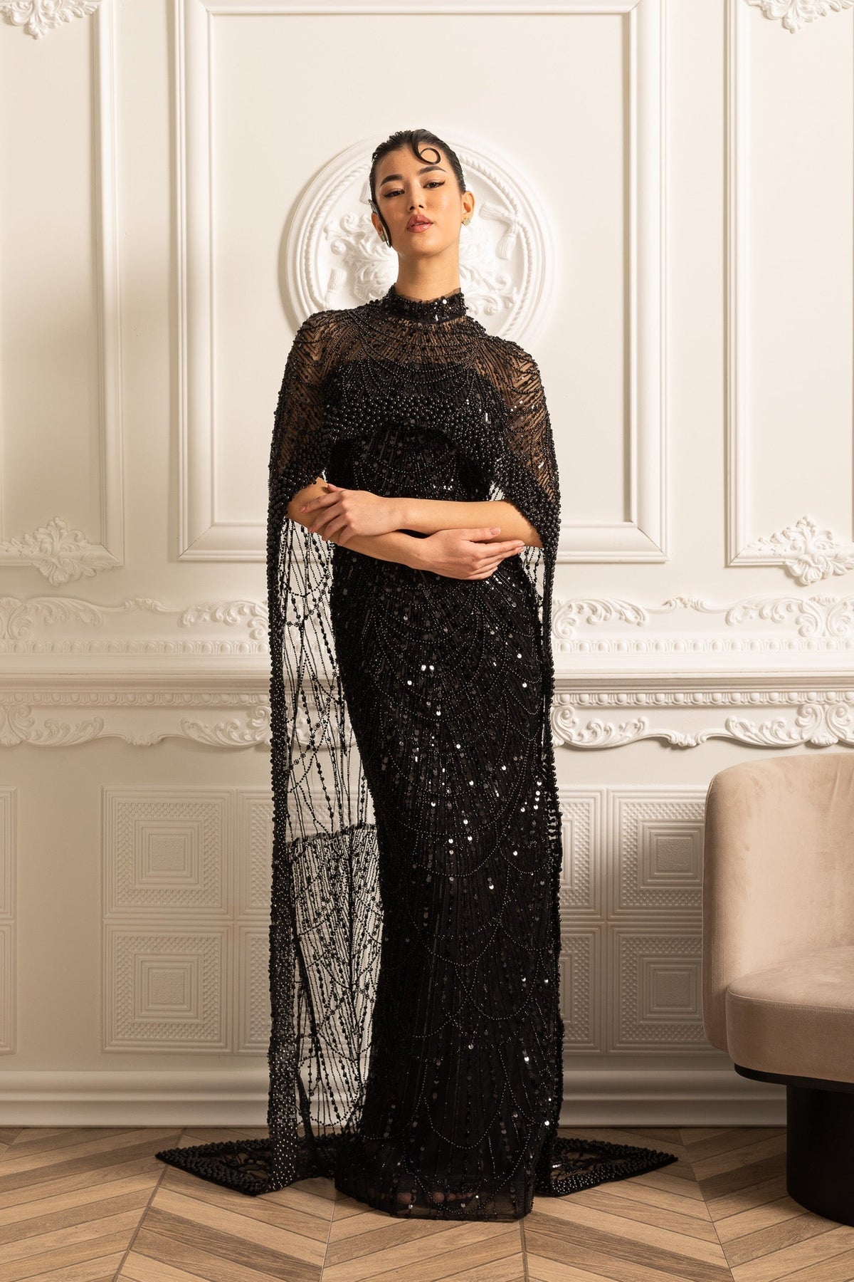 Mock Neck Beaded Pearl Mesh Cape Overlay Column Maxi Gown - View 13