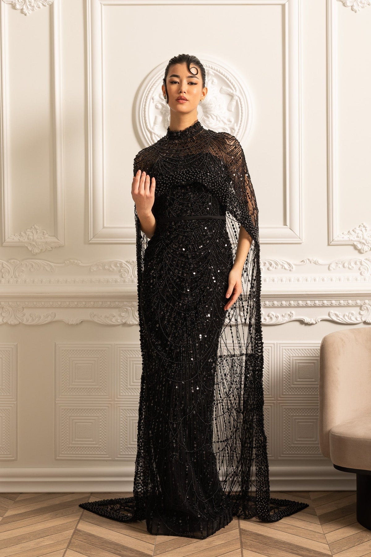 Mock Neck Beaded Pearl Mesh Cape Overlay Column Maxi Gown - View 4