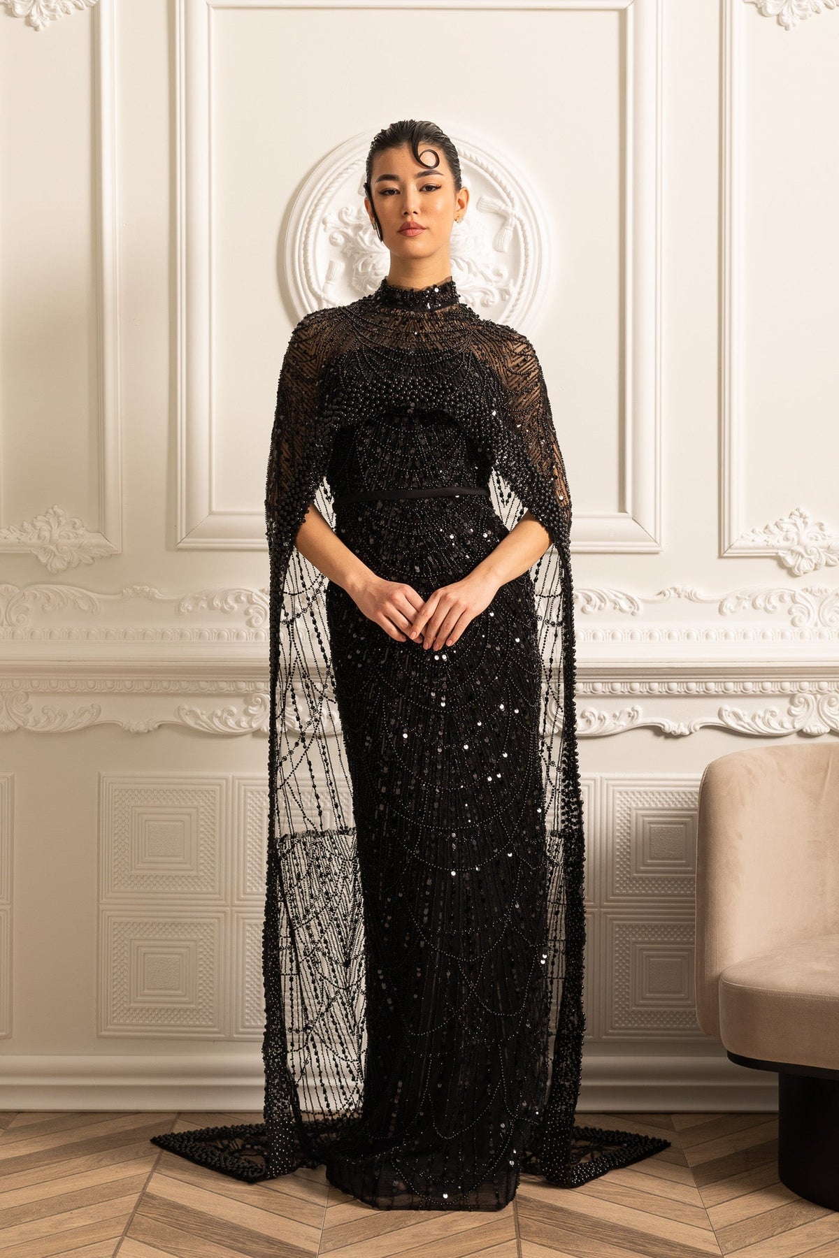 Mock Neck Beaded Pearl Mesh Cape Overlay Column Maxi Gown - View 14