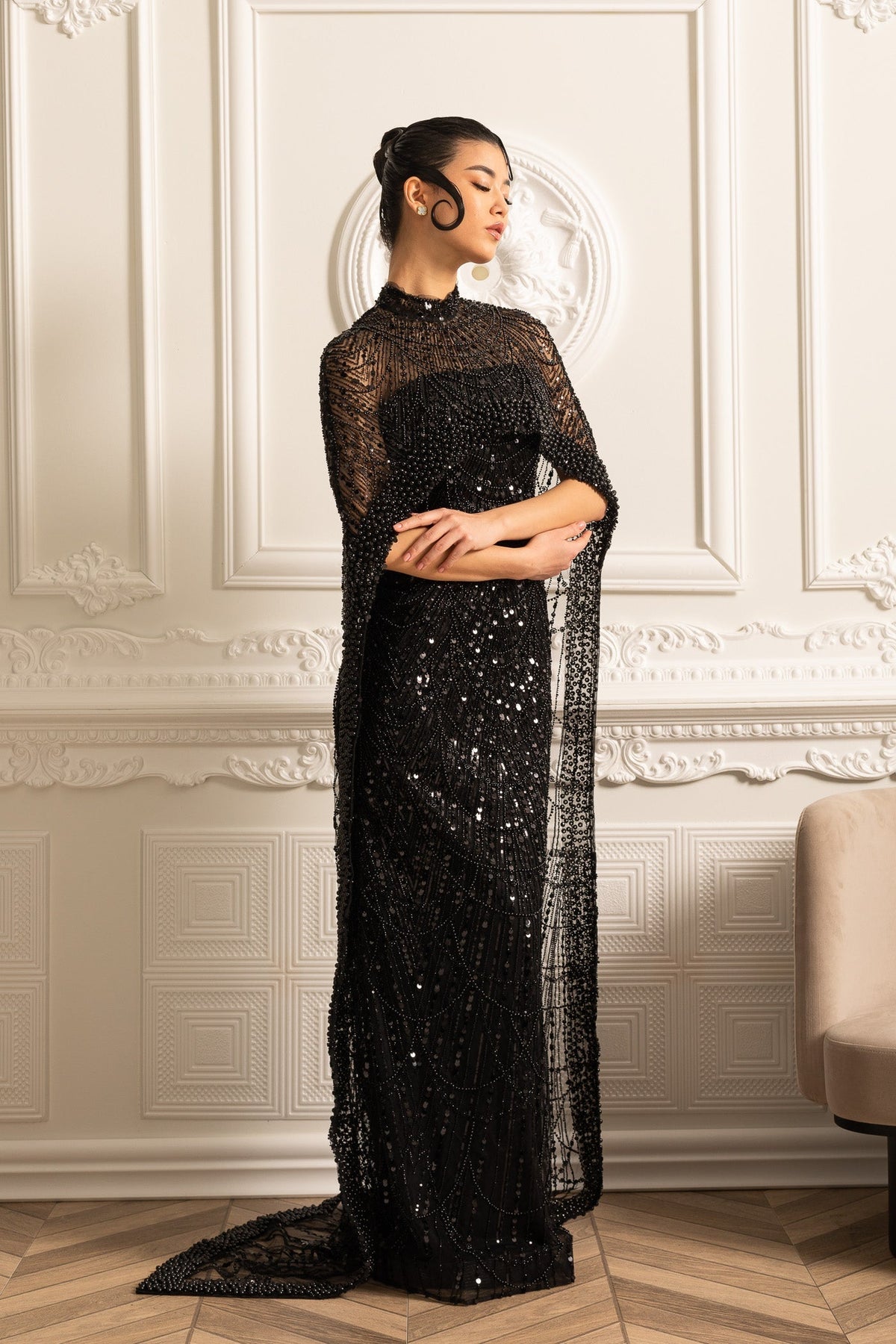Mock Neck Beaded Pearl Mesh Cape Overlay Column Maxi Gown - View 18