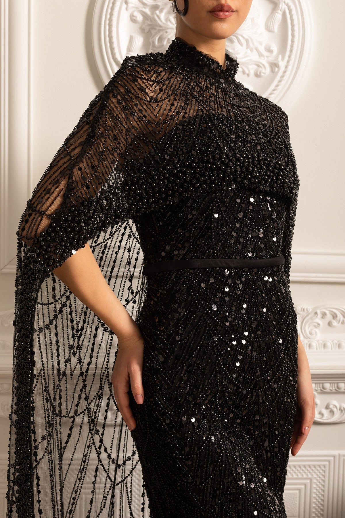 Mock Neck Beaded Pearl Mesh Cape Overlay Column Maxi Gown - View 19