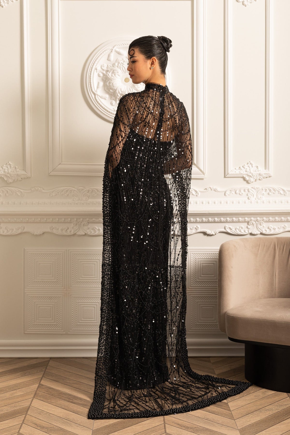 Mock Neck Beaded Pearl Mesh Cape Overlay Column Maxi Gown - View 2