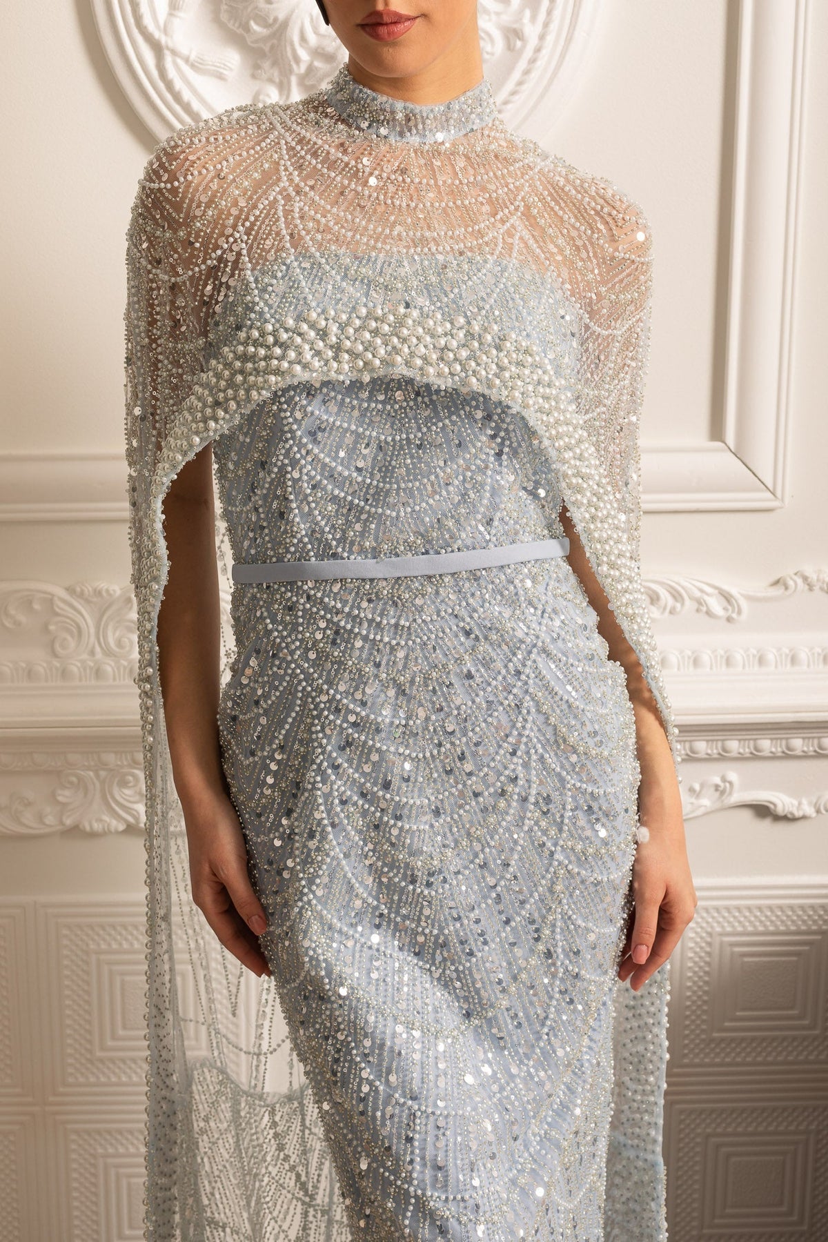 Pearl Chest Band Beaded Mesh Cape Overlay Column Maxi Gown - View 7