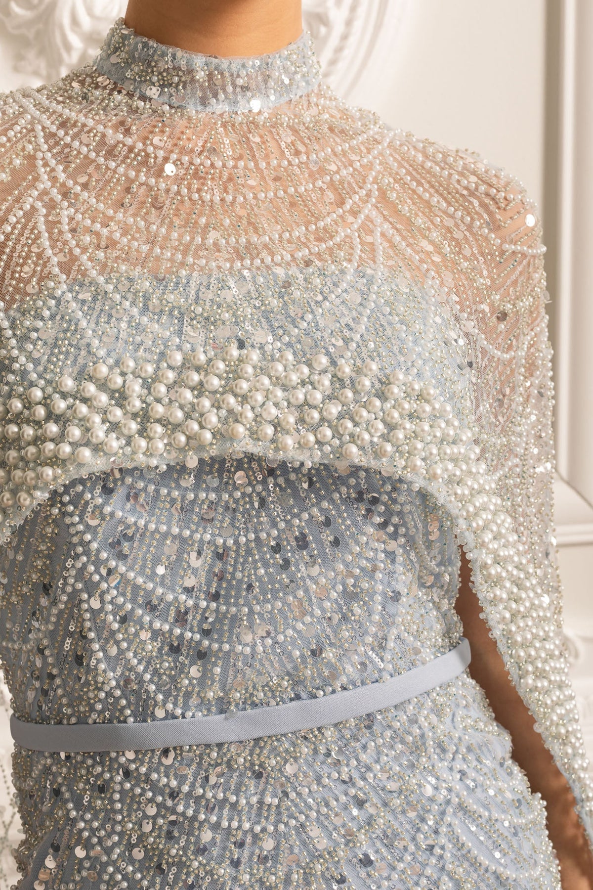 Pearl Chest Band Beaded Mesh Cape Overlay Column Maxi Gown - View 8