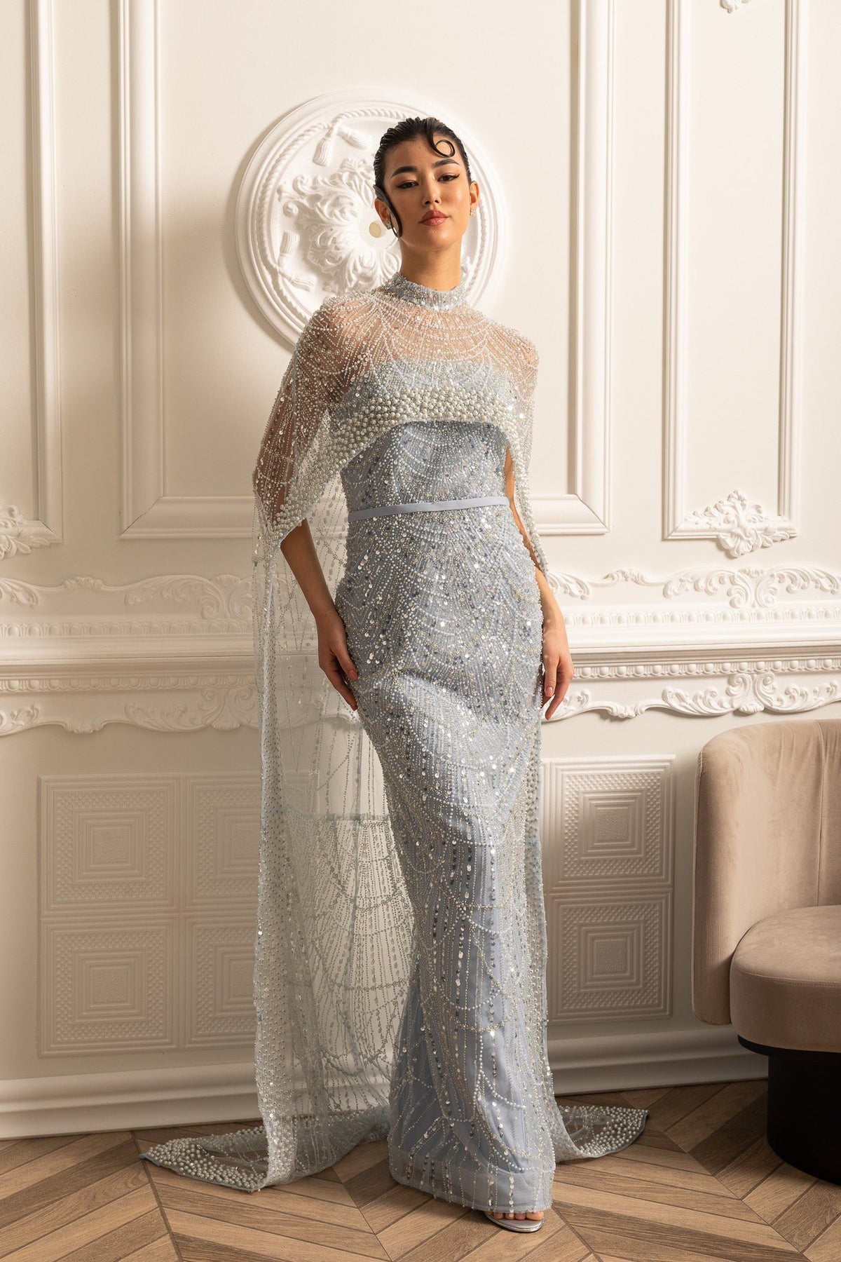 Pearl Chest Band Beaded Mesh Cape Overlay Column Maxi Gown - View 9