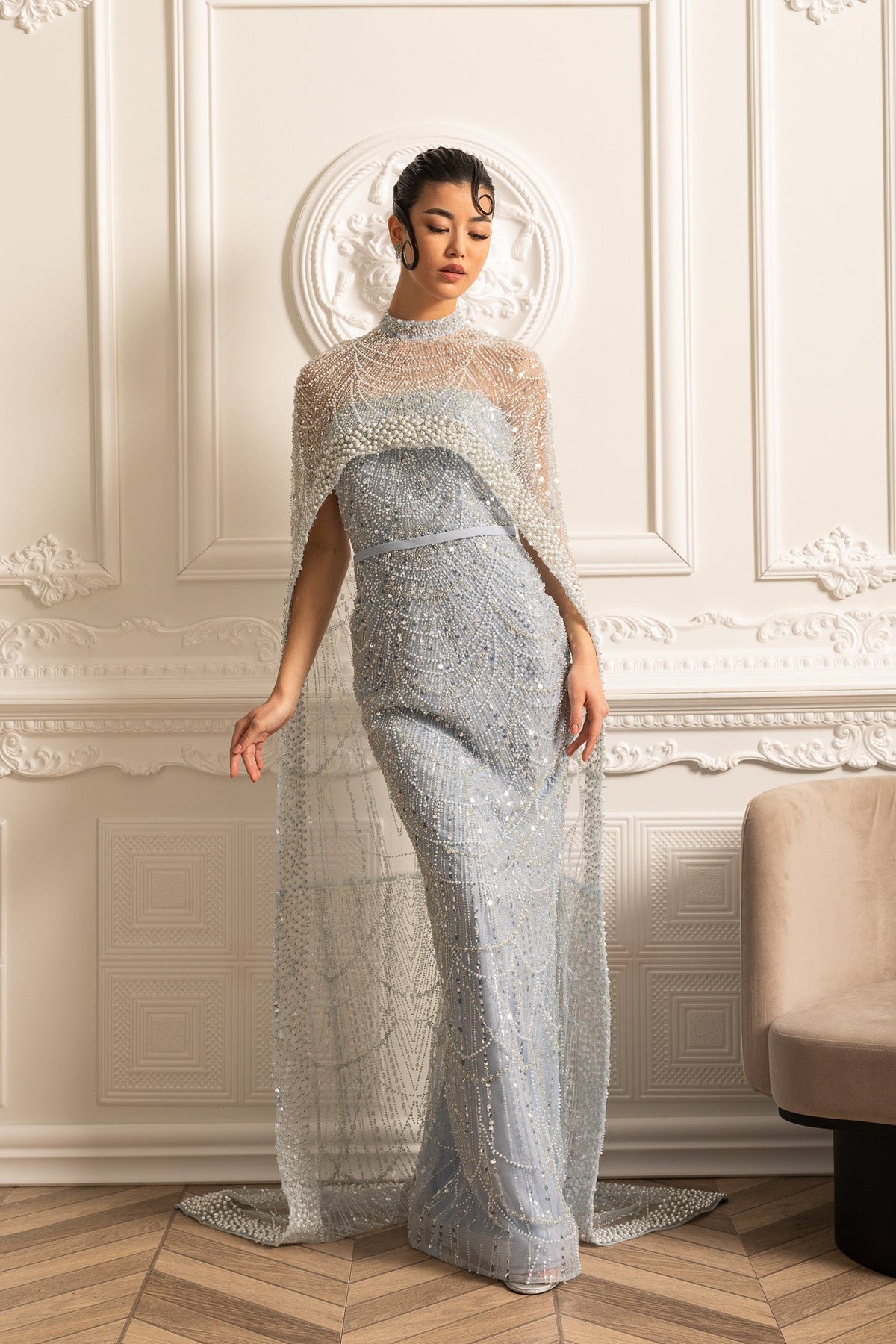 Pearl Chest Band Beaded Mesh Cape Overlay Column Maxi Gown - View 12